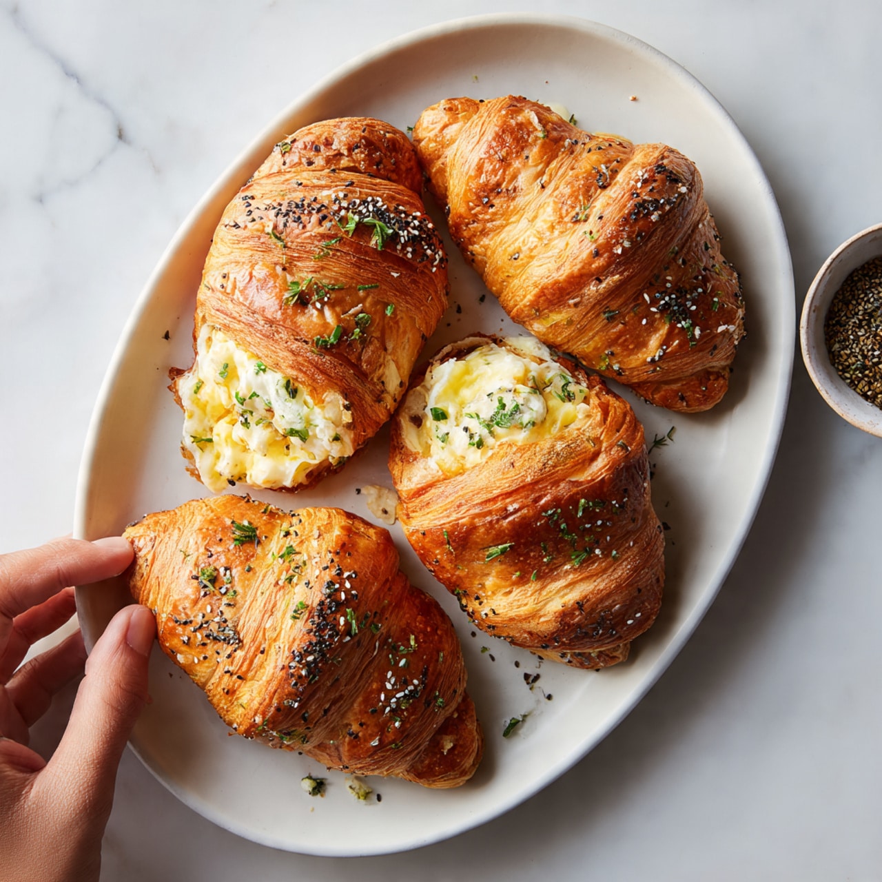 The image shows a white oval plate on a white marbled surface holding four golden-brown croissants with crispy, flaky layers. Each croissant is split open, revealing a creamy filling with shades of soft yellow and white, sprinkled with small green herb pieces on top. The croissants have a shiny, slightly textured crust with some black and white sesame seeds visible. A woman's hand is reaching toward one croissant, and there is a small bowl with seeds in the background. Photo taken with an iphone --ar 4:5 --v 7