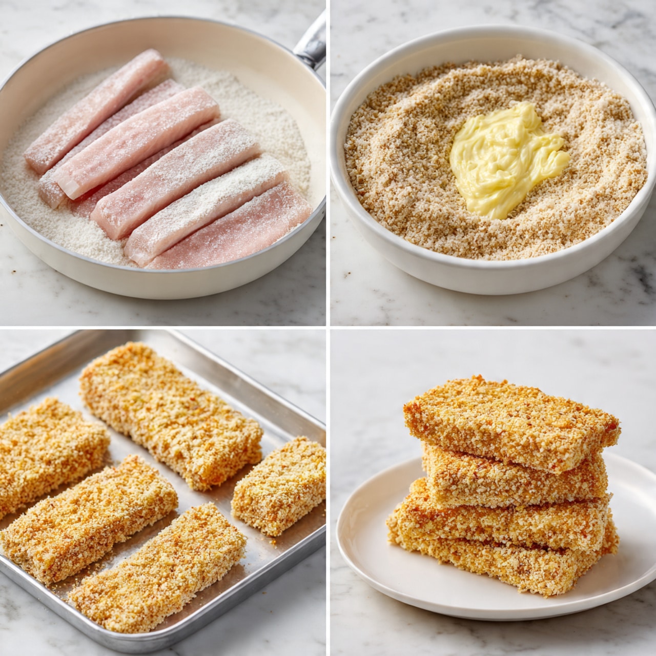 The image shows four stages of preparing breaded fried strips. The first part is a close-up of raw, light pink strips in a white pan, covered with a layer of white breadcrumbs. The second part shows the raw pale pink strips in a white bowl with a thick layer of breadcrumbs and a dollop of creamy yellow mixture on top. The third part displays uncooked breaded strips laid out neatly on a white tray, each strip evenly covered in breadcrumbs with a light brown tint. The final part shows a tall stack of golden-brown fried strips placed on a white plate, with a crisp, textured surface. The background is a white marbled texture in all parts. Photo taken with an iphone --ar 4:5 --v 7