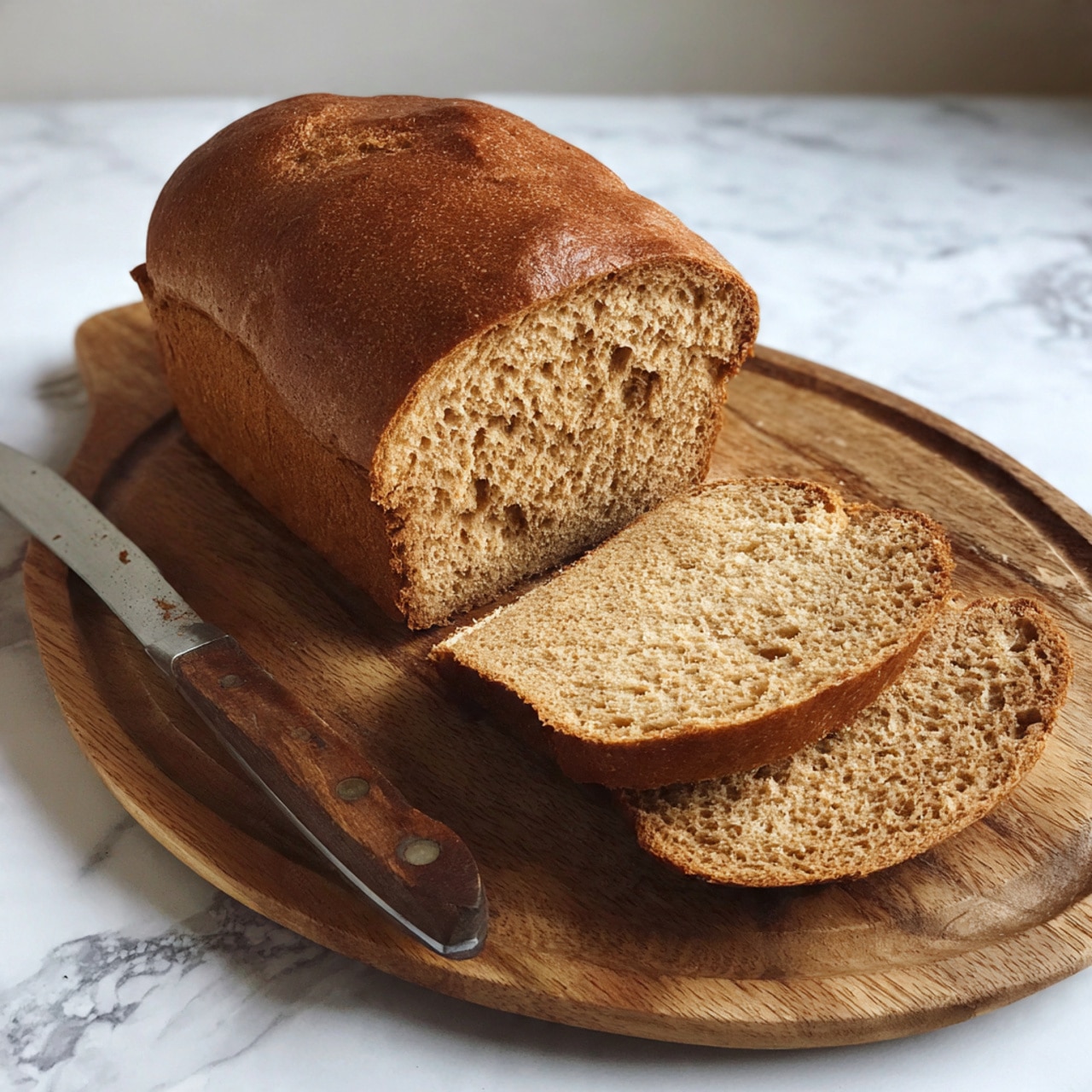 A loaf of brown bread with a soft, smooth crust sits on a round wooden board. One slice is cut off and lying flat in front of the loaf, showing the dense and even texture inside. A knife with a wooden handle rests next to the bread on the board. The board and setup are placed on a white marbled surface. Photo taken with an iphone --ar 4:5 --v 7