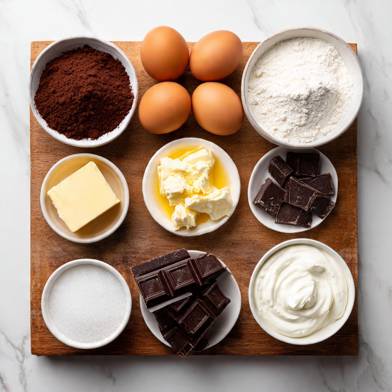 The image shows a wooden board with nine ingredients for baking arranged neatly. There are two whole brown eggs at the center top. Surrounding them in white bowls are cocoa powder in the top left, all-purpose flour in the top right, white granulated sugar in the middle left, melted butter in the center, and chunks of dark chocolate in the middle right. At the bottom left, there are a few pieces of a smaller dark chocolate bowl, followed by a small bowl of baking soda, and at the bottom right, a bowl of thick white yogurt or sour cream. The surface around the board is a white marbled texture. photo taken with an iphone --ar 4:5 --v 7