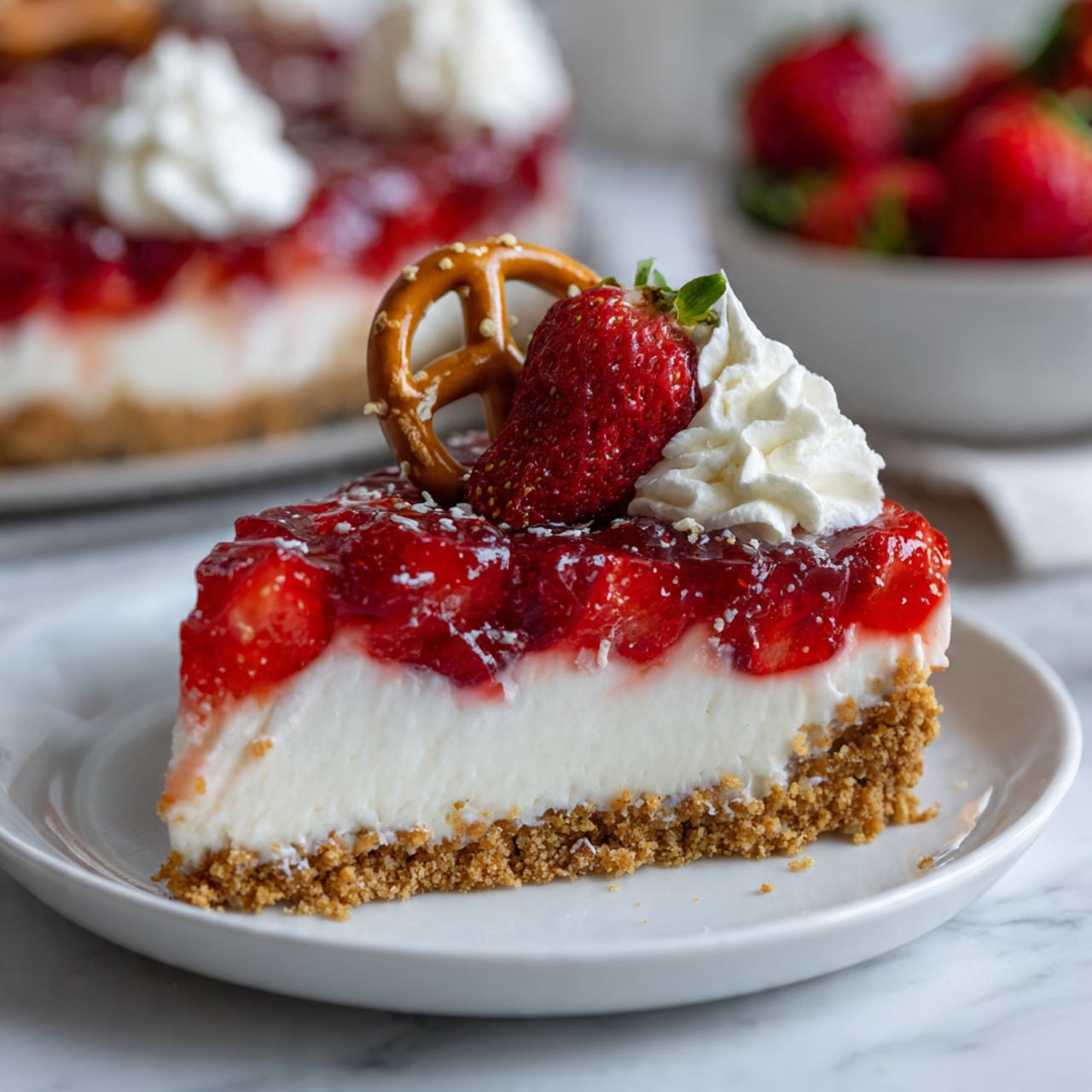 A slice of dessert with three clear layers is placed on a white plate set on a white marbled surface. The bottom layer is a light brown crumbly crust. The middle layer is thick and white, looking smooth and creamy. The top layer is a shiny, bright red jelly with pieces of strawberries inside. On top, there is a swirl of white whipped cream, a half strawberry leaning on the cream, and a small pretzel resting upright against the whipped cream. In the background, a bowl of whole fresh strawberries and a dish with more of the dessert are visible. Photo taken with an iphone --ar 4:5 --v 7
