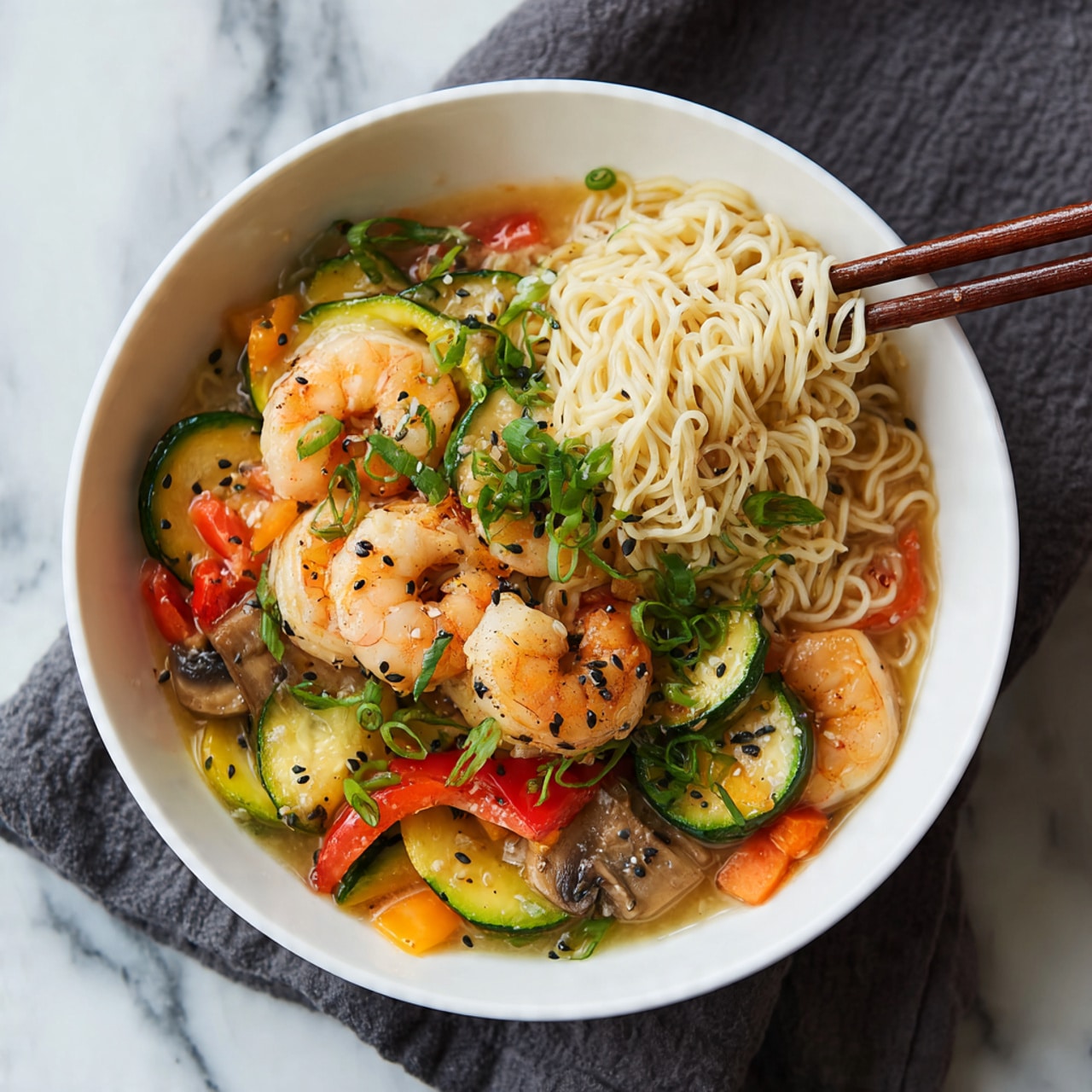 A white bowl filled with three layers of food: the bottom layer is light tan cooked noodles that curve softly through the dish; scattered on top are slices of green and yellow zucchini, light brown mushrooms, small red and orange bell pepper pieces, and small orange carrot cubes; the top layer has pink shrimp with light brown edges, some thin golden garlic slices, dark green chopped scallions, and black sesame seeds sprinkled evenly; a pair of brown chopsticks holds a small bundle of noodles lifting from the bowl, all set on a white marbled surface with a dark gray cloth nearby, photo taken with an iphone --ar 4:5 --v 7