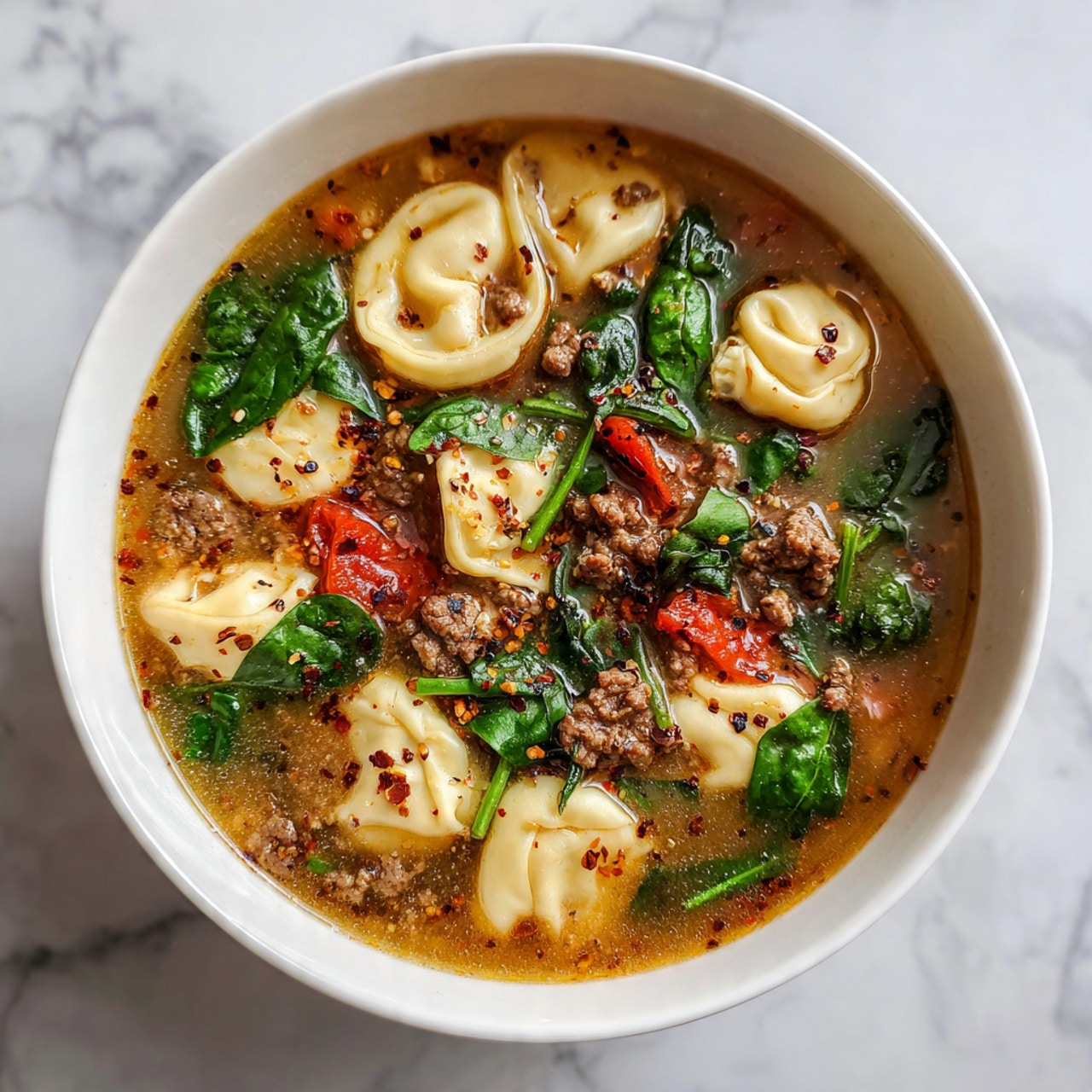 The image shows a bowl of soup filled with several layers of ingredients. The top layer has round, pale tortellini pasta floating on the surface, along with small pieces of red tomato, green spinach leaves, and bits of browned ground meat. The broth is light brown with visible specks of black and red seasoning sprinkled over everything. The bowl is white and sits on a white marbled surface. Photo taken with an iphone --ar 4:5 --v 7