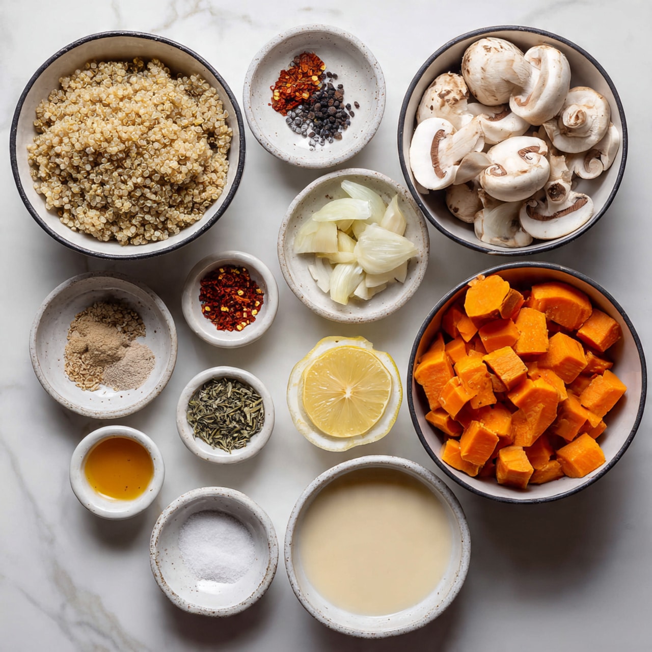 Many small white bowls with black rims are arranged on a white marbled surface, each holding different ingredients. In the top left bowl, there is a large pile of cooked light brown quinoa. Next to it on the right is a bowl with two sections: sliced white mushrooms on the left and orange cubed sweet potatoes on the right. Above are three small bowls holding chopped garlic and shallots, whole black peppercorns, and red chili flakes. Below are bowls with salt, olive oil, lemon halves, flour, and dried herbs. In the center bottom is a bowl filled with creamy white liquid, and next to it a bowl with a yellowish-orange sauce. The bowls are all neatly placed with clear colors and textures visible, photo taken with an iphone --ar 4:5 --v 7