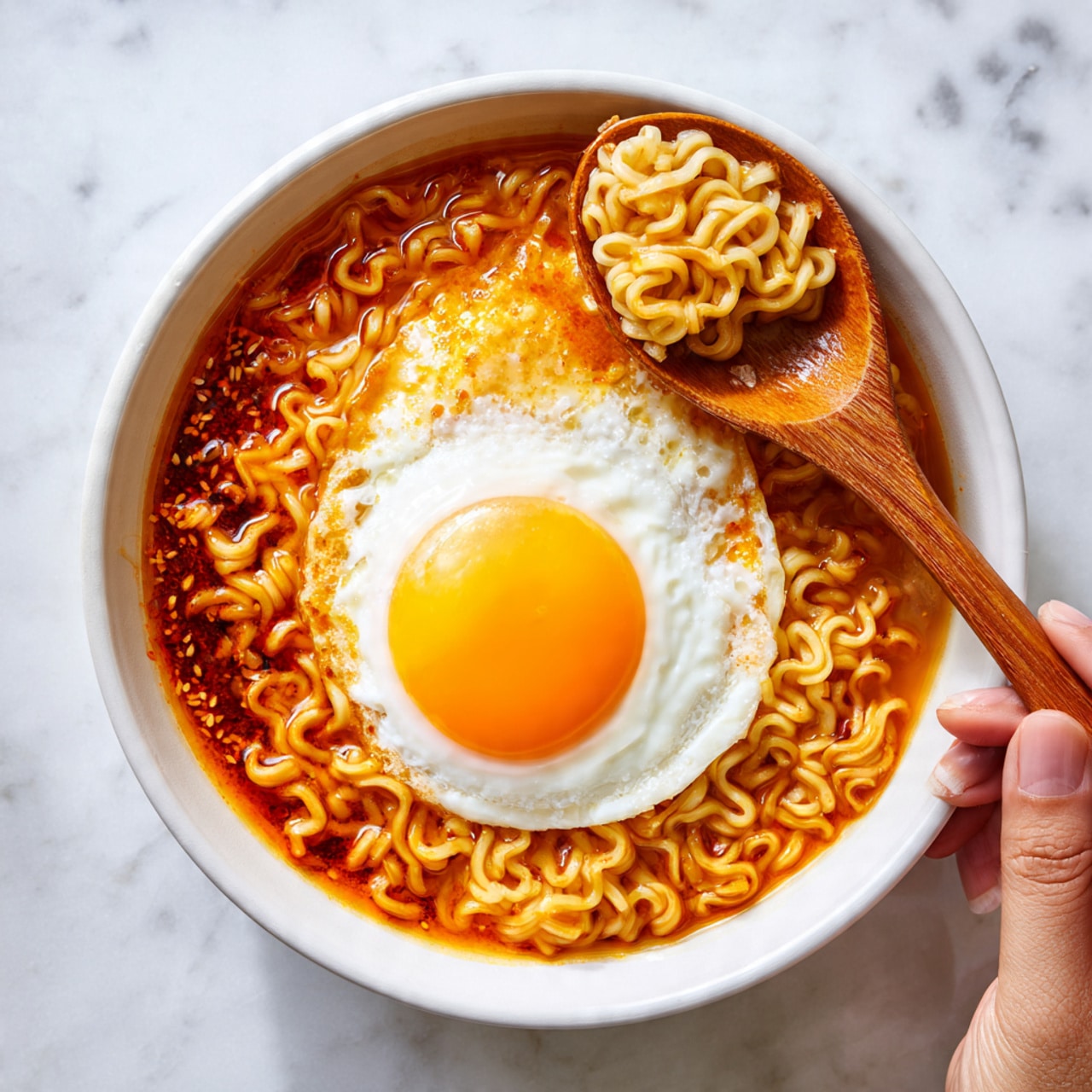 The image shows a white bowl filled with cooked instant noodles in a bright orange broth. There is a layer of bubbling spicy sauce mixed with the noodles, giving the top a textured, uneven look. A perfectly cooked sunny-side-up egg with a shiny white and smooth yolk sits on the side of the noodles. A wooden spoon held by a woman's hand is lifting a portion of the noodles, showing their soft and slightly wavy texture. The background is a white marbled surface. Photo taken with an iphone --ar 4:5 --v 7