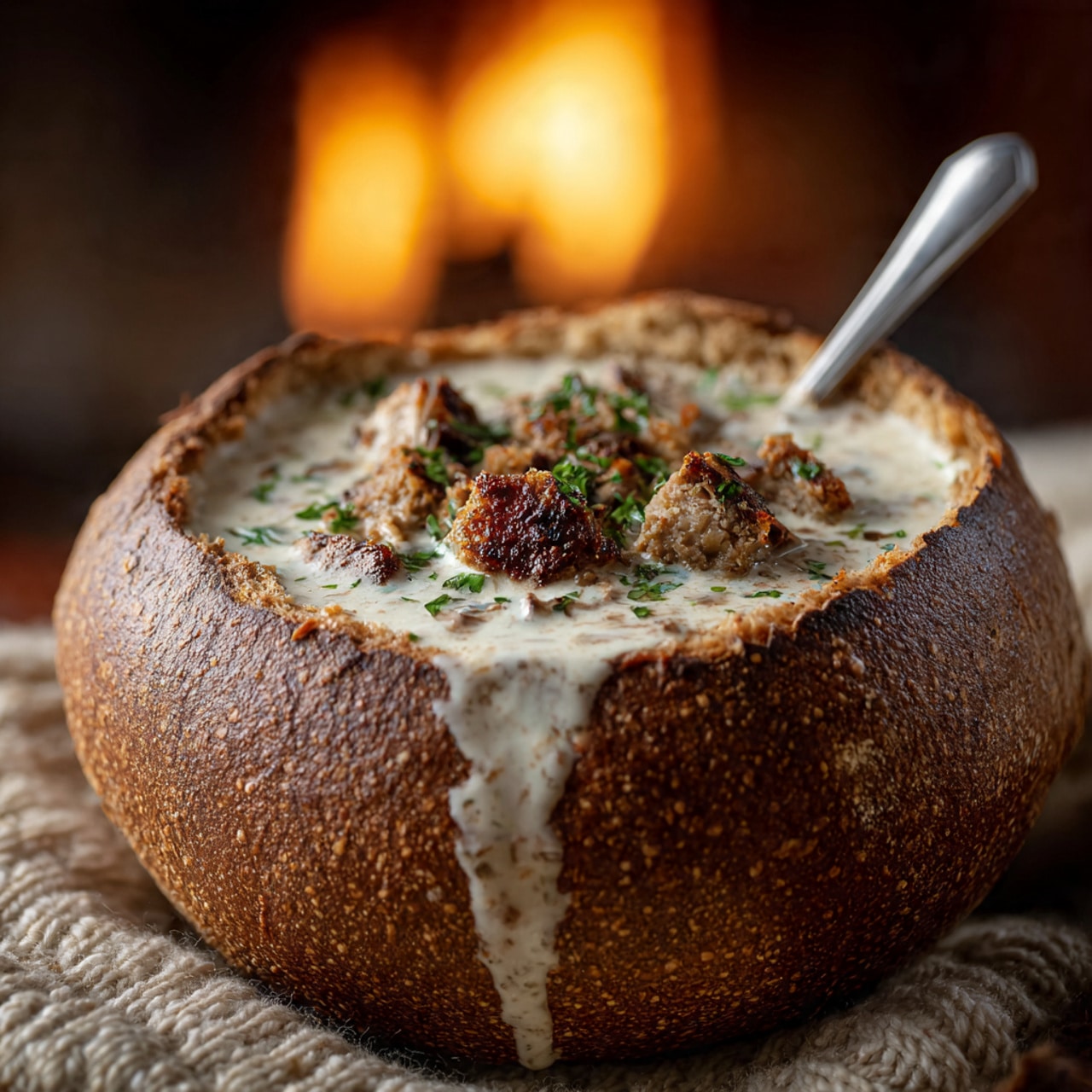 A crusty round brown bread bowl filled with creamy white soup that has small pieces of light brown meat and green herbs on top, with some soup spilling slightly over the edge. A silver spoon is placed inside the bowl. The bread bowl sits on a soft beige knitted fabric, with a warm fire softly glowing and blurred in the background, giving a cozy feel. Photo taken with an iphone --ar 4:5 --v 7