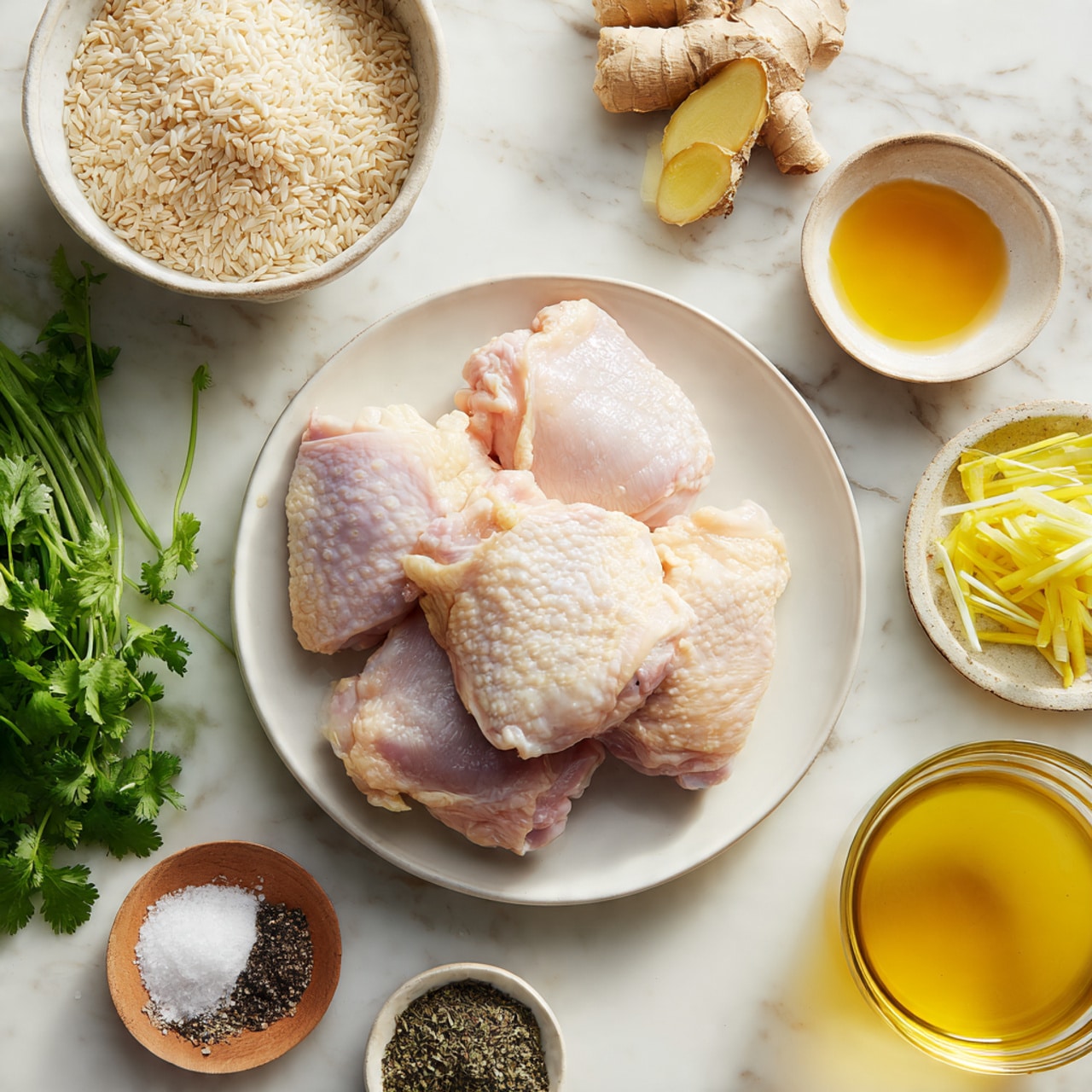 The image shows a white plate in the center with four pieces of raw chicken thighs stacked close to each other, pale pink with skin on. Surrounding the plate are several small bowls and ingredients placed on a white marbled surface: to the top left is a bowl filled with uncooked short grain rice, next to it a small bowl of light brown liquid, a rough piece of fresh ginger root, and a bowl with thin yellow ginger strips. To the right of the plate is a small white bowl of yellow cooking oil with fresh green onions nearby. At the bottom left corner are fresh green cilantro leaves, a bowl with ground black pepper, and a wooden bowl with coarse salt. At the bottom right is a glass container full of golden broth. Photo taken with an iphone --ar 4:5 --v 7