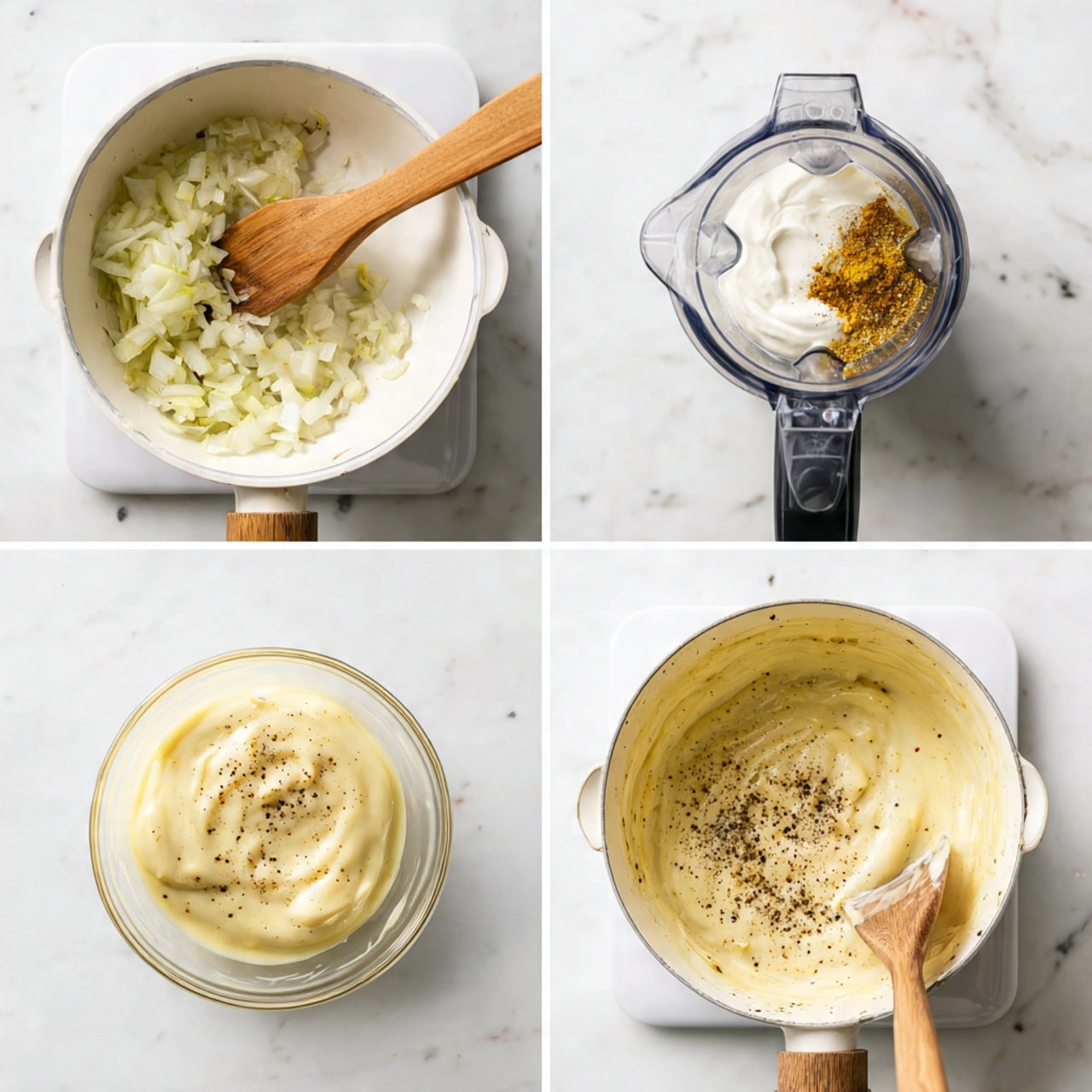The image shows four smaller pictures arranged in a square. The top left picture has chopped onions being stirred with a wooden spatula inside a white pan on a white marbled surface. The top right picture shows a blender container with some yellow curry powder and white sour cream inside it. The bottom left picture shows a smooth, creamy yellow sauce mixed in a clear glass bowl on the white marbled surface. The bottom right picture shows the creamy sauce cooking in a white pan, with a wooden spatula stirring it and some black pepper sprinkled on top. Photo taken with an iphone --ar 4:5 --v 7