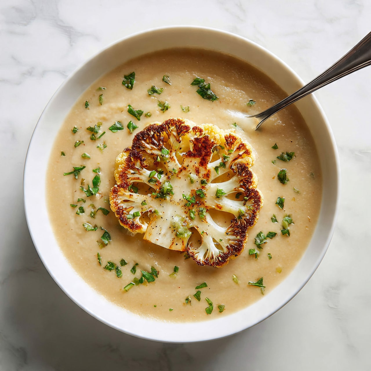 A white bowl filled with creamy light tan soup, smooth in texture, with a large roasted cauliflower slice placed on top in the center, showing browned edges and white florets. Small pieces of chopped green herbs are scattered over the soup around the cauliflower. A metallic spoon is partially dipped in the soup near the top edge of the bowl. The bowl sits on a surface with white marbled texture. photo taken with an iphone --ar 4:5 --v 7