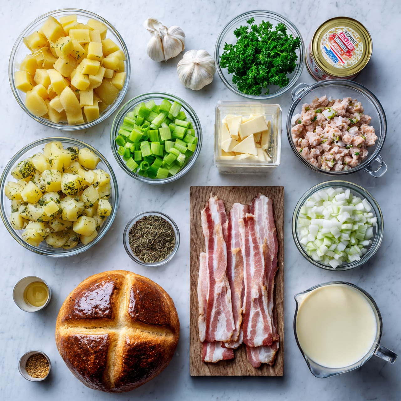 The image shows a white marbled surface with various cooking ingredients arranged neatly. There are small clear glass bowls filled with chopped yellow potatoes, green celery, diced white onions, chopped leek, and small amounts of black pepper, dried herbs, and granulated seasoning. A wooden board holds several uncooked strips of pink bacon alongside green parsley leaves. Nearby, there are two peeled garlic cloves, a small dish of butter, a clear measuring cup of white milk, a glass bowl with light yellow broth, a round golden-brown bread loaf with a cross on top, and an open can of light pink tuna chunks. Everything is laid out cleanly and organized. Photo taken with an iphone --ar 4:5 --v 7