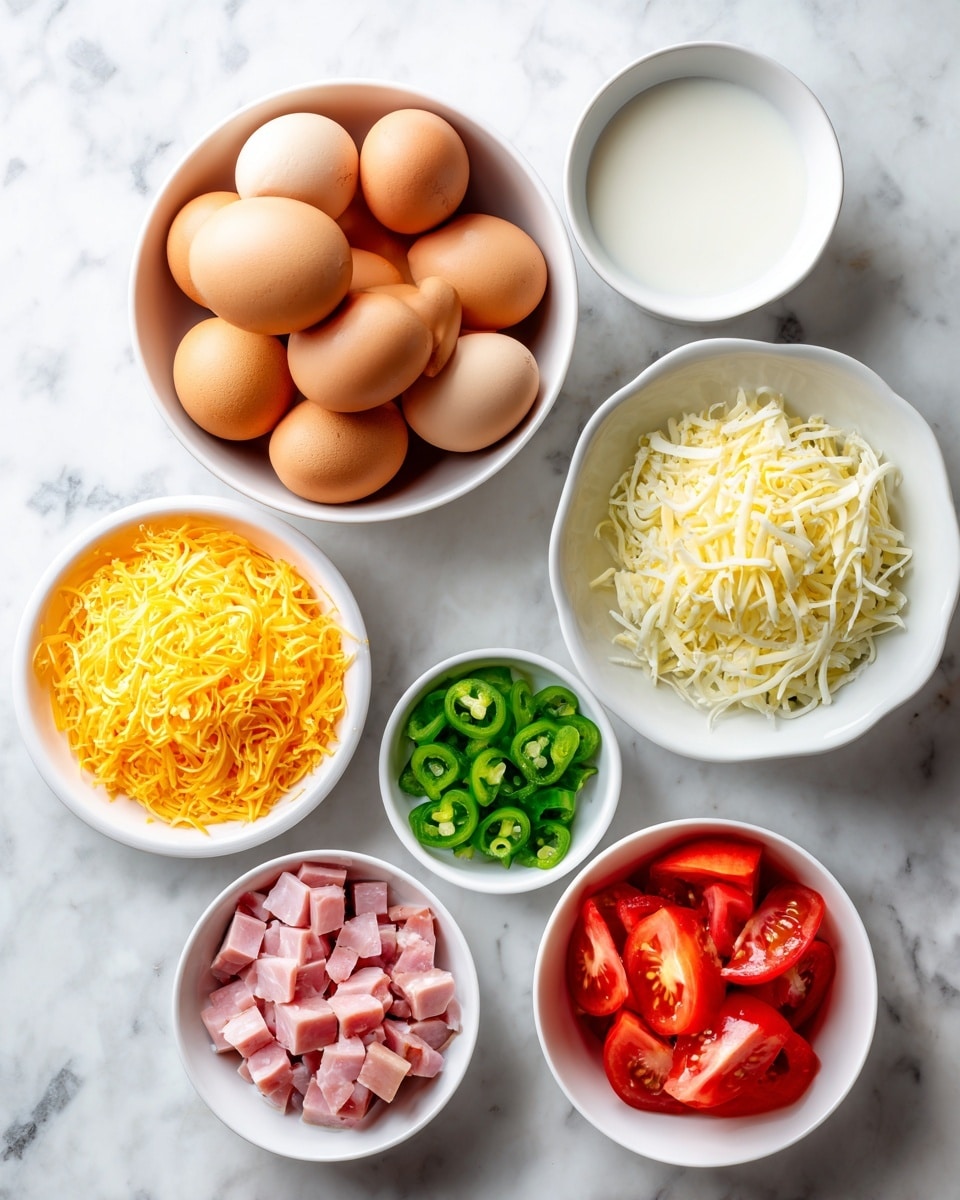 The image shows six white bowls arranged on a white marbled surface. One large bowl holds six brown eggs. Nearby, a smaller bowl contains white milk. Another small bowl is filled with shredded yellow cheese. A separate bowl has chopped bright green peppers, while another contains small diced pink ham pieces. The last bowl holds sliced red tomatoes. The bowls and ingredients are neatly spaced. Photo taken with an iphone --ar 4:5 --v 7