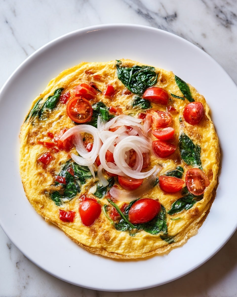 A yellow omelette sits flat on a white plate, topped with small green spinach leaves and red tomato pieces spread throughout. On top in the center, there is a small pile of sliced white onion rings and quartered red tomatoes. The plate is placed on a white marbled surface. photo taken with an iphone --ar 4:5 --v 7