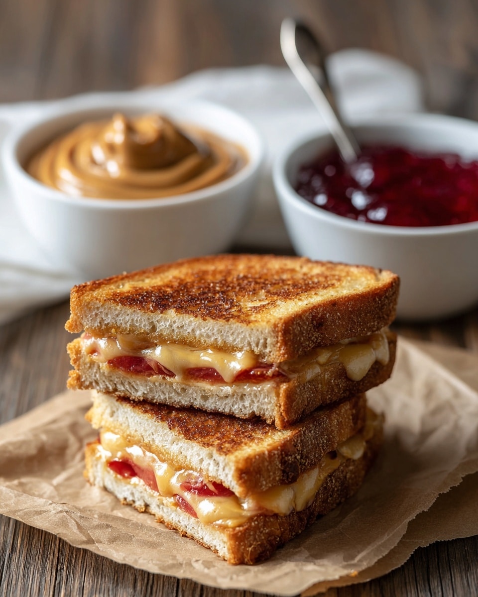 The image shows two toasted sandwich halves stacked on top of each other on a piece of brown paper over a wooden surface. Each sandwich has three layers of golden-brown toasted bread with visible crisp texture, separated by two layers of melted cheese and thin slices of red tomato that slightly ooze out, creating a warm and inviting look. Behind the sandwich, there is a white bowl filled with smooth peanut butter and next to it another white bowl with a rich red jelly, both placed on a white marbled surface. A spoon is standing inside the peanut butter bowl. photo taken with an iphone --ar 4:5 --v 7