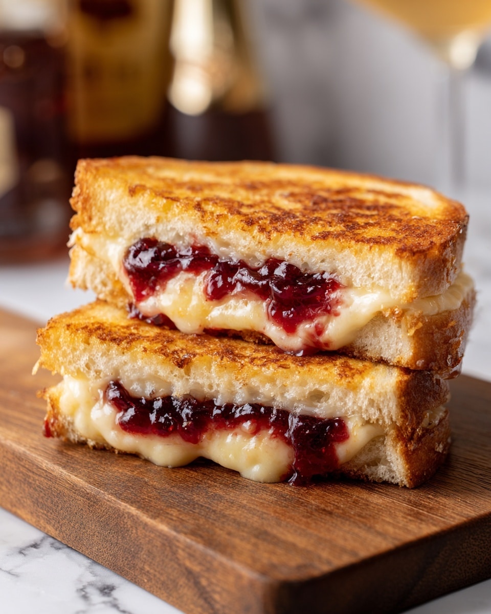 The image shows a grilled sandwich cut in half, placed on a wooden cutting board against a white marbled background. Each half reveals three visible layers inside: the outer layer is toasted bread with a golden-brown crispy texture, the middle layer appears to be melted cheese with a smooth creamy look, and the inner layer contains dark red jam that looks thick and glossy, slightly oozing out between the bread slices. The sandwich halves are arranged side by side, showing the filling clearly. In the background, there are blurred bottles adding depth to the scene. Photo taken with an iphone --ar 4:5 --v 7