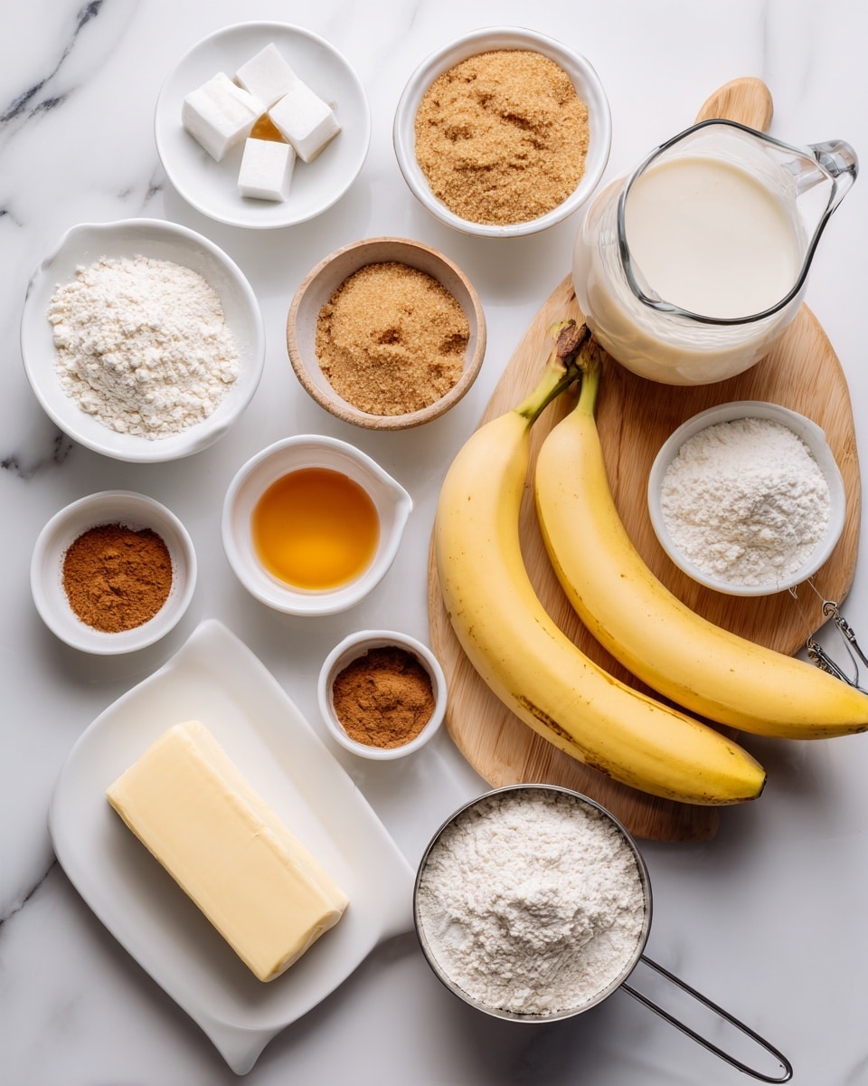 The image shows a top view of various baking ingredients arranged on a white marbled surface. In the center right, there are two yellow ripe bananas, one peeled halfway, placed on a light wood board. To the right of the bananas, there is a clear glass pitcher filled with a creamy white liquid. Above the bananas, a small white bowl contains light brown sugar, next to it is a white measuring cup filled with more brown sugar and a small yellow bowl with a dark amber liquid inside. On the top left, a white plate holds small piles of white salt, white baking soda, white baking powder, and cinnamon powder. Below this setup, a white rectangular dish holds a stick of pale yellow butter. At the bottom right, a metal measuring cup contains white flour and another larger metal measuring cup with light brown flour sits nearby. photo taken with an iphone --ar 4:5 --v 7