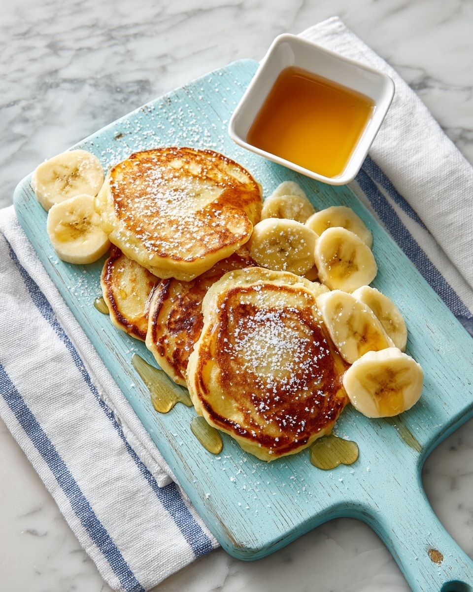 A handful of small, golden-brown banana pancakes stacked unevenly on a light blue rectangular board with a handle. The pancakes have a soft, slightly uneven texture with some darker browned spots, sprinkled lightly with white powdered sugar. On the left and right edges of the board, there are three large slices of peeled banana, slightly curved, with glossy syrup drizzled over them. In the top right corner of the board, a small white square bowl filled with golden syrup is placed. The board sits on a white marbled surface with a white cloth featuring blue stripes underneath. Photo taken with an iphone --ar 4:5 --v 7