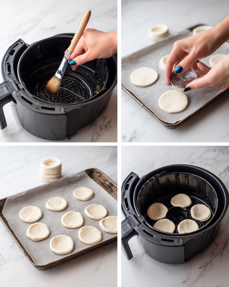 The image shows four steps of making dough rings in an air fryer. In the top left, a woman's hand with blue glitter nail polish brushes oil inside a black air fryer basket, with stacked white dough pieces on a white marbled surface in the background. The top right shows a woman's hand pressing a small round cutter into a thick off-white dough circle on a parchment-lined tray with several dough circles nearby. The bottom left displays multiple dough rings with small round dough pieces inside them spread out on the tray lined with parchment paper on a white marbled surface. The bottom right shows five dough rings placed evenly inside the black air fryer basket, ready to cook, all on a white marbled background. Photo taken with an iphone --ar 4:5 --v 7