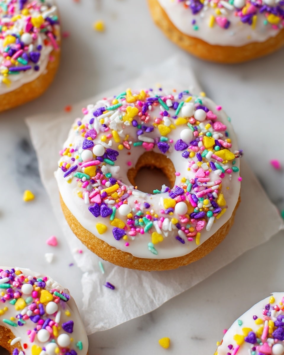 A close-up of a single doughnut with three visible layers: the base is golden brown dough shaped in a ring, the middle layer is a smooth white icing covering the top, and the top layer is a thick mix of colorful sprinkles including yellow, purple, pink hearts, small white balls, and white thin sticks scattered all over the icing. The doughnut is placed on a piece of parchment paper on a white marbled surface, with parts of other doughnuts slightly visible around it. Photo taken with an iphone --ar 4:5 --v 7
