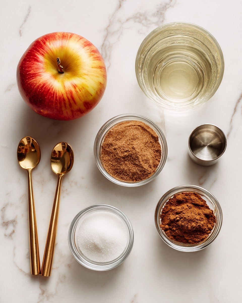 The image shows six items placed on a white marbled surface: a shiny red and yellow apple in the center, two small clear glass bowls with brown sugar and white sugar at the bottom and right bottom, a round clear glass bowl with brown cinnamon powder at the top center, a small metal cup with a clear liquid at the top right, and two golden measuring spoons with wooden handles placed horizontally at the left and bottom right sides. The layout is neat and balanced, with the colors mainly red, brown, white, and silver. photo taken with an iphone --ar 4:5 --v 7