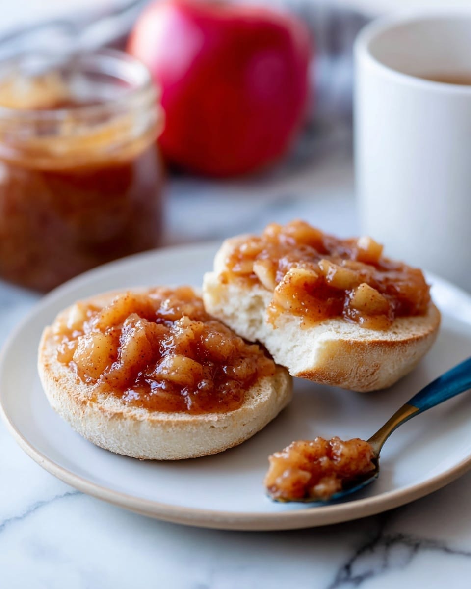 The image shows two halves of an English muffin placed side by side on a white plate, each topped with a layer of chunky, light brown apple spread with visible small apple pieces. The top half has a bite taken out of it, revealing the soft inside texture. A blue spoon with more apple spread rests beside the muffin halves on the plate. The background is a white marbled surface with a red apple and a glass jar partially visible at the edges. photo taken with an iphone --ar 4:5 --v 7