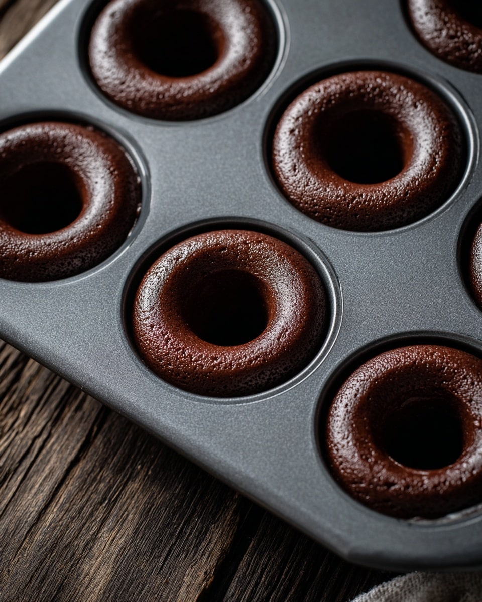 A close-up view of six round chocolate donut batter portions in a dark gray metal donut baking tray, each filled almost to the top showing a rich, smooth, and slightly shiny texture with a central hollow ring. The tray sits on a dark wooden surface with a soft focus background. photo taken with an iphone --ar 4:5 --v 7