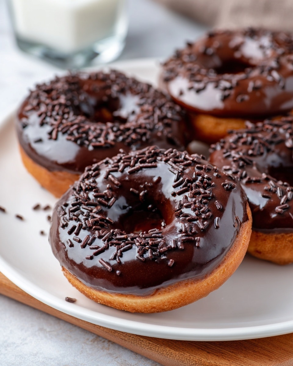 The image shows a close-up of a white plate with several chocolate donuts. Two donuts are fully covered with smooth, shiny dark chocolate glaze, and sprinkled with dark chocolate sprinkles mainly on the top half. The other donuts have a plain chocolate coating with no sprinkles. The donuts are thick with a soft texture, and a square milk glass is blurred in the background. The setting is on a white marbled texture surface with a wooden edge visible at the bottom. photo taken with an iphone --ar 4:5 --v 7