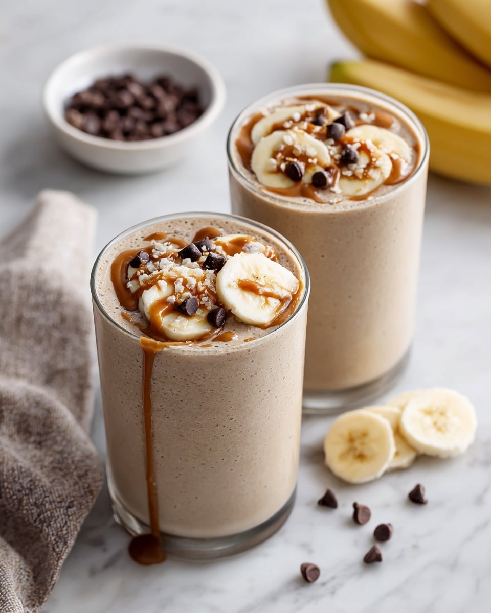 Two clear glasses filled with a creamy light brown smoothie sit side by side on a white marbled surface. Each glass is topped with small dark chocolate chips, sliced bananas, and a drizzle of sticky brown nut butter that slightly drips down the side of the glass in the front. Around the glasses, scattered chocolate chips and banana slices lay on the surface with a small white bowl holding more chocolate chips and a cloth with bananas in the background. The scene is bright and simple, showing the layers of smooth texture and colorful toppings clearly. photo taken with an iphone --ar 4:5 --v 7