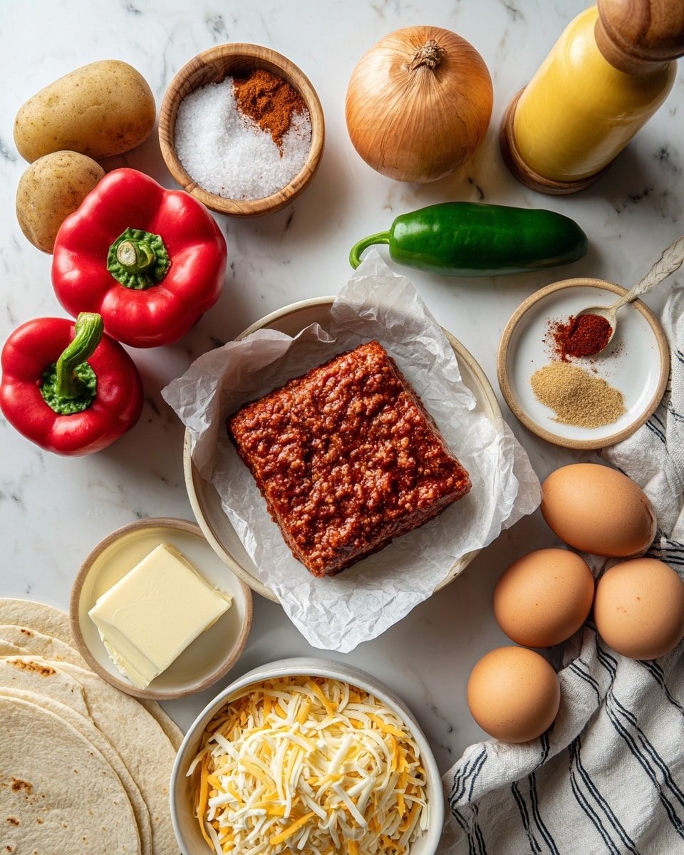 The image shows a white bowl lined with parchment paper holding a square block of ground meat mixed with spices, deep reddish-brown with a textured surface. Around the bowl on a white marbled surface, there are three medium-sized light brown potatoes, a whole red bell pepper, and a green jalapeño pepper next to a whole yellow onion. Beside these, a small wooden bowl filled with salt and a tall wooden pepper grinder are visible near a yellow bottle of sauce. On the right, eight brown eggs lay scattered on a white and black striped cloth. Below, a white bowl is filled with shredded cheese in shades of yellow and white. Small white bowls hold a small cube of butter, a dark red spice, and two light-colored powders, one with a small golden measuring spoon. At the bottom edge, soft white tortillas are slightly visible. The photo taken with an iphone --ar 4:5 --v 7