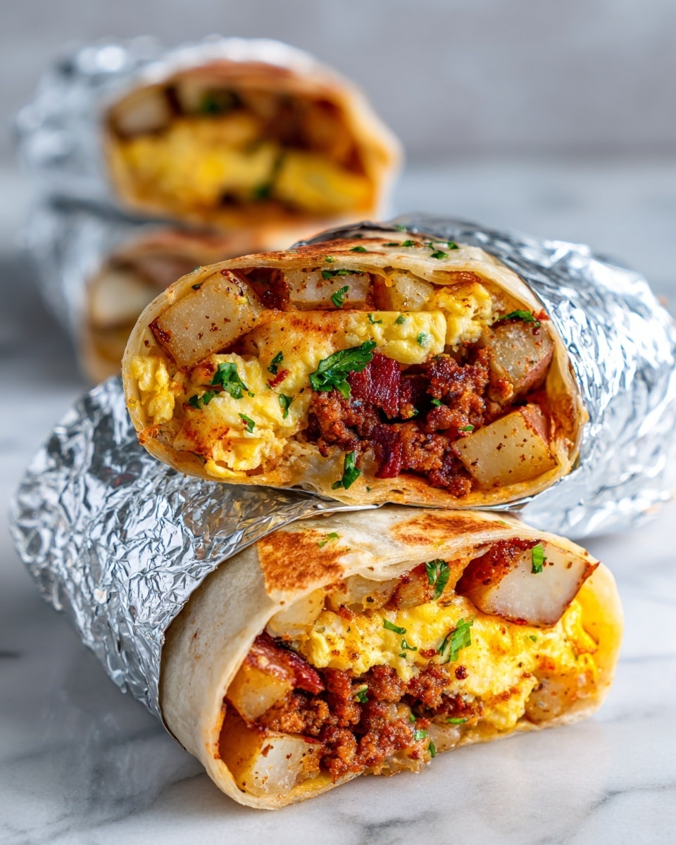 The image shows a close-up of a breakfast burrito wrapped in foil with a white marbled background. The burrito is cut open, showing three main layers: on top, there are light yellow scrambled eggs with a soft texture; next to them, there are golden brown potato pieces with some crispy edges; below the eggs and potatoes, there is seasoned ground meat with a reddish-brown color. Small bits of chopped green herbs are sprinkled over the filling, adding a fresh touch. The tortilla is light tan and wrapped tightly around the ingredients. In the background, a second burrito is partially visible, showing the same filling and foil wrapping. Photo taken with an iphone --ar 4:5 --v 7