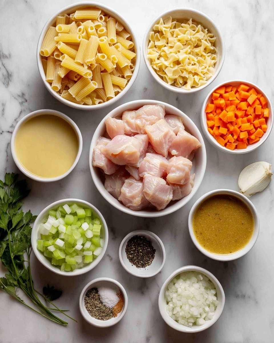 The image shows several small white bowls arranged neatly on a white marbled surface. The largest bowl in the middle holds raw chicken pieces, pale pink with a smooth texture. Around it are smaller white bowls; one contains uncooked pasta with a light yellow color, another has bright orange diced carrots, another has green diced celery, and another has a thick yellow sauce. There are also bowls with white cream, a brown broth, chopped white onions, and small piles of spices including black pepper and salt. Fresh green herbs are placed near the edges. The photo is taken with an iphone --ar 4:5 --v 7