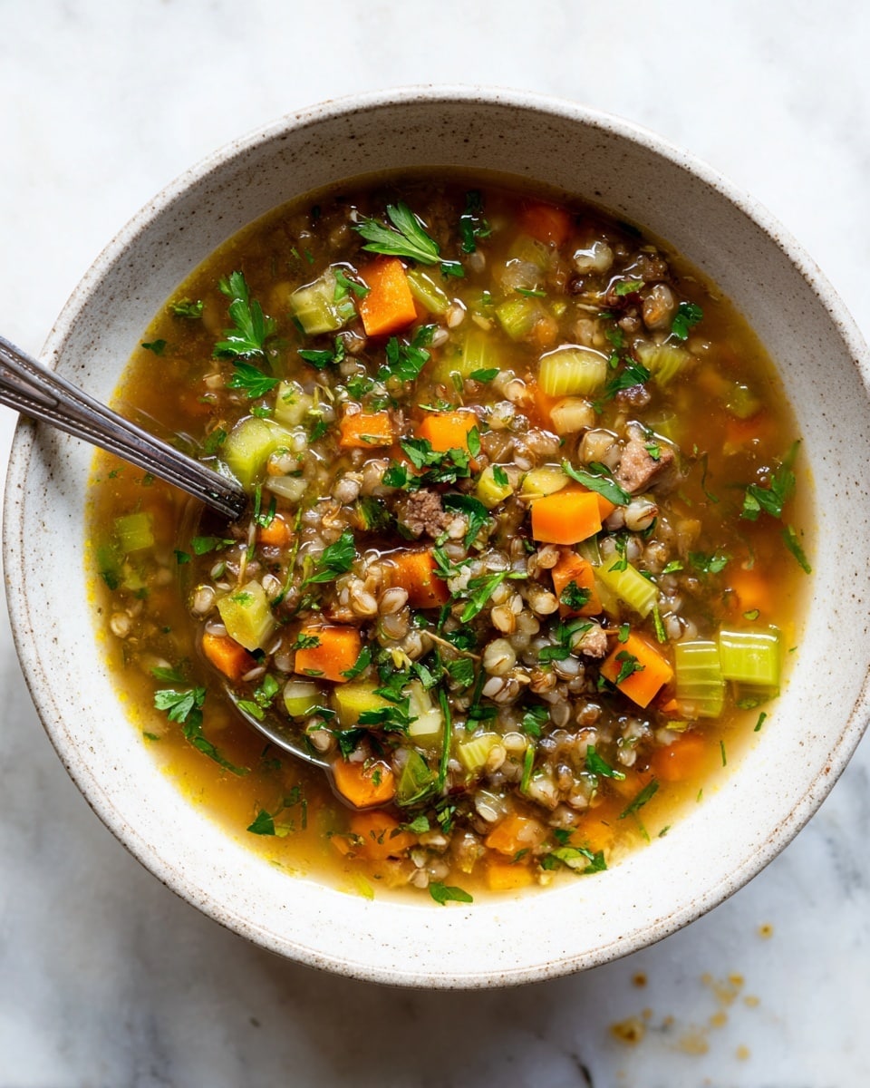 A white speckled bowl filled with a thick soup containing small chunks of brown meat, bright orange carrot cubes, light green celery pieces, and light beige grains, all mixed in a clear brown broth. Fresh green parsley bits are sprinkled throughout the soup. A silver spoon rests inside the bowl, partially submerged in the soup. The bowl sits on a white marbled surface with some scattered crumbs nearby. photo taken with an iphone --ar 4:5 --v 7