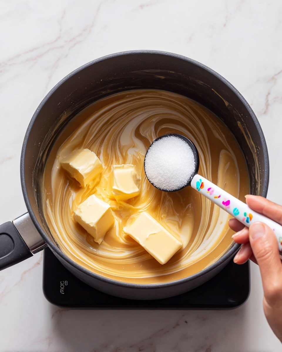 A black pot sits on a black trivet over a white marbled surface. Inside the pot, there are several light yellow butter chunks melting in a brown liquid, creating swirls of creamy colors. A white spoon with colorful small designs on the handle is partially submerged in the mixture, stirring it gently. A woman's hand is holding a black measuring spoon filled with white granulated sugar, ready to add it to the pot. The scene is bright with a clean, simple look. photo taken with an iphone --ar 4:5 --v 7