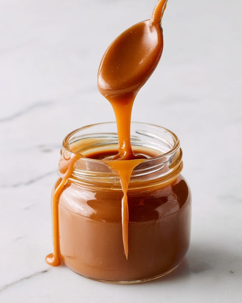 A clear glass jar filled with a smooth, thick brown caramel sauce, with a spoon lifted above it dripping the shiny caramel back into the jar. The caramel has a rich, glossy texture and warm brown color, catching soft light reflections. The jar is placed on a white marbled surface with a clean, plain white background. photo taken with an iphone --ar 4:5 --v 7