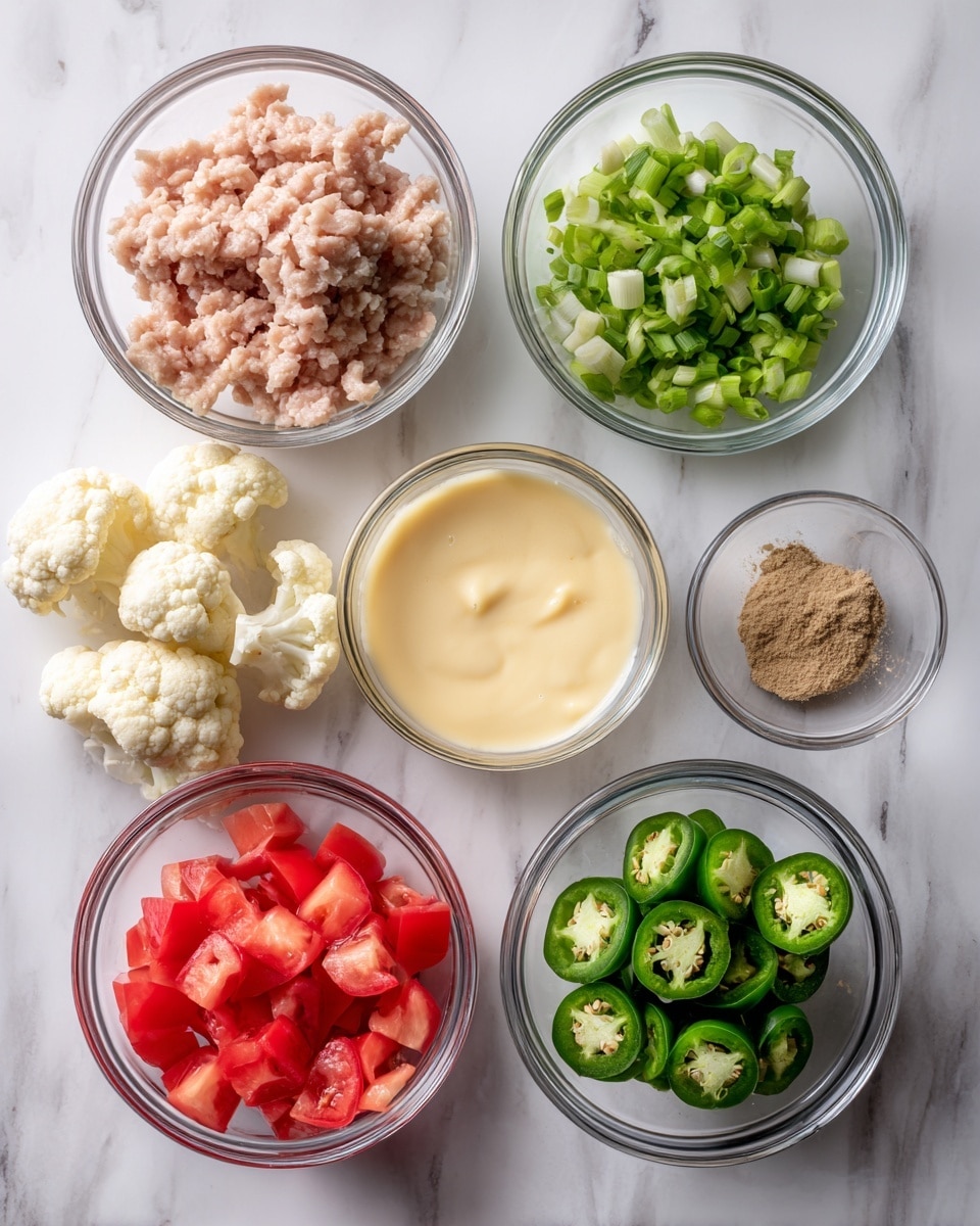 The image shows seven clear glass bowls arranged on a white marbled surface. In the top left bowl, there is light pink ground meat with a soft texture. To its right, a bowl holds bright green chopped scallions. Below that, a bowl contains a small amount of fine brown powder. At the bottom right, another bowl is filled with fresh green jalapeño slices showing seeds inside. On the bottom left, diced red tomatoes fill a bowl. Off to the far left side, a bowl contains small pale beige cauliflower pieces. In the center, a larger bowl is filled with smooth, light yellow sauce or batter. The setup looks clean and organized. Photo taken with an iphone --ar 4:5 --v 7