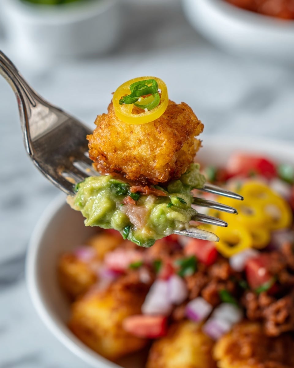 A shiny silver fork holds a small stack of food with four layers: at the bottom, there is chunky green guacamole with visible pieces of avocado and herbs, next a layer of diced red tomatoes and white onions mixed with some ground brown meat, followed by a bright yellow pickled pepper ring, and on top, a golden brown crispy tater tot with a small slice of green onion. In the background, there is a white bowl full of similar layered ingredients set against a white marbled surface. The photo is taken with an iphone --ar 4:5 --v 7