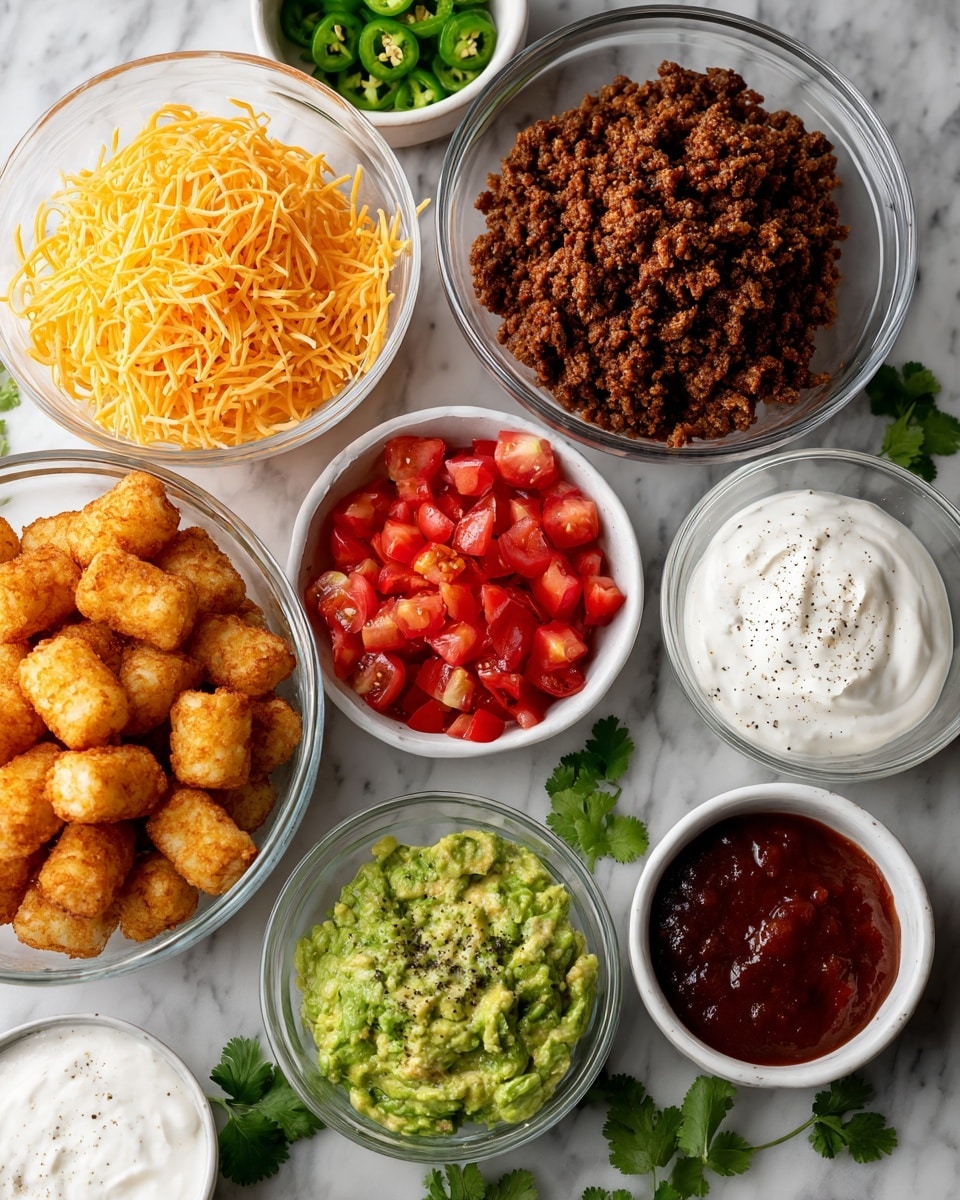 The image shows several clear glass bowls and white bowls arranged on a white marbled surface, each holding different taco ingredients. One bowl contains shredded orange cheddar cheese with thin strands, another holds seasoned cooked ground beef with a rich dark brown color and crumbly texture, while a third has small, golden-brown breaded tater tots stacked high. There is a white bowl filled with bright red chopped tomatoes, another with green guacamole topped with black pepper, a white bowl of smooth white sour cream, a white bowl with dark reddish-brown taco sauce, and a glass bowl with sliced green jalapeno peppers. Green cilantro sprigs are scattered around the bowls for garnish. Photo taken with an iphone --ar 4:5 --v 7