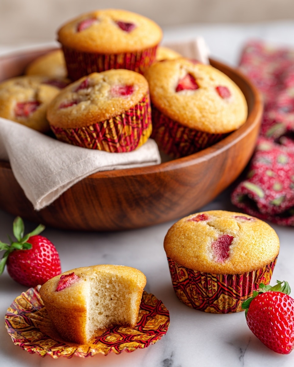 A wooden bowl filled with several golden brown muffins dotted with red strawberry pieces, each muffin wrapped in red and yellow patterned liners over a white cloth. In front of the bowl, two muffins sit on a white marbled surface, one with its liner peeled back showing the crumbly, textured top with bright strawberry bits inside. Nearby, two fresh strawberries with green leaves rest on the surface, adding a splash of red and green color. The muffins have a slightly crispy top with a soft, moist look inside. photo taken with an iphone --ar 4:5 --v 7