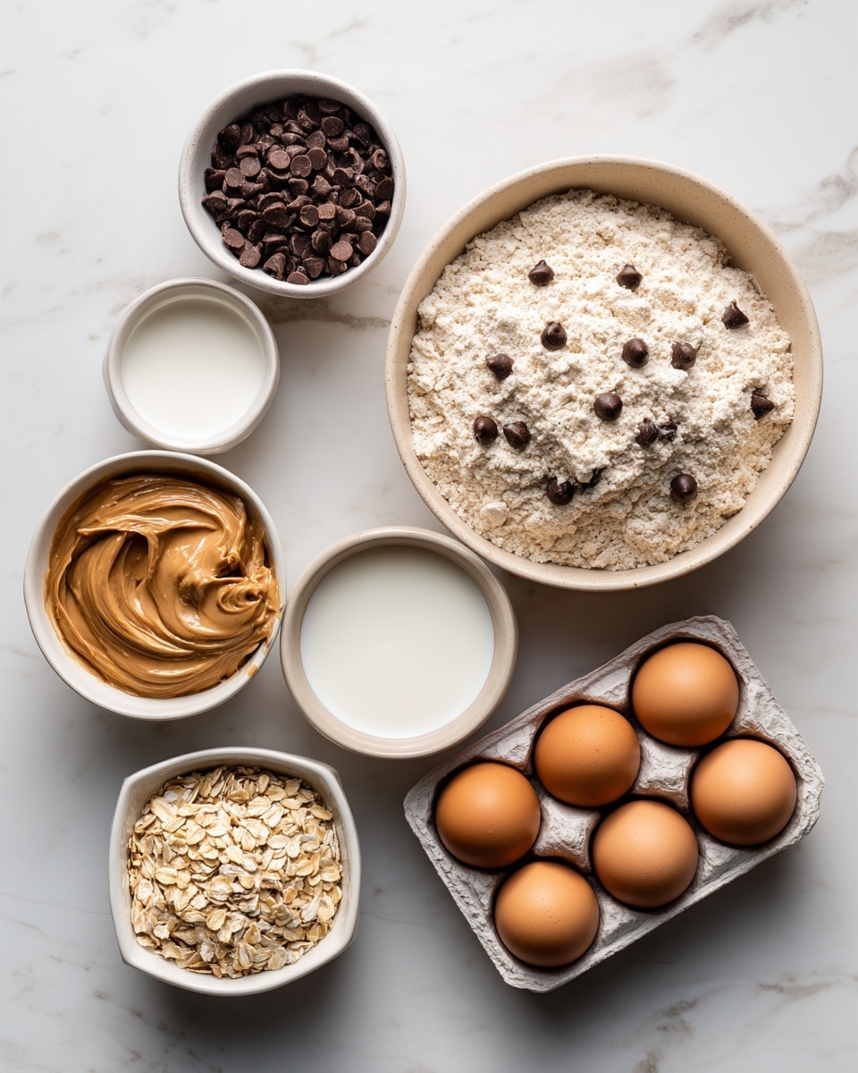 The image shows five separate white and light beige bowls placed on a white marbled surface. At the right center, a large light beige bowl holds a mixed flour and oat powder with scattered dark round chocolate chips throughout. Above this bowl is a small white bowl filled with white liquid, likely milk. To the left, there is a small light beige bowl full of dark chocolate chips. Below it, a white bowl contains smooth, creamy peanut butter with a shiny surface and swirls. At the lower right, a square white container holds six brown eggs arranged in two rows. At the bottom left corner, a small light beige bowl is filled with dry rolled oats. The overall layout is neat with light, warm tones and a minimal style. Photo taken with an iphone --ar 4:5 --v 7