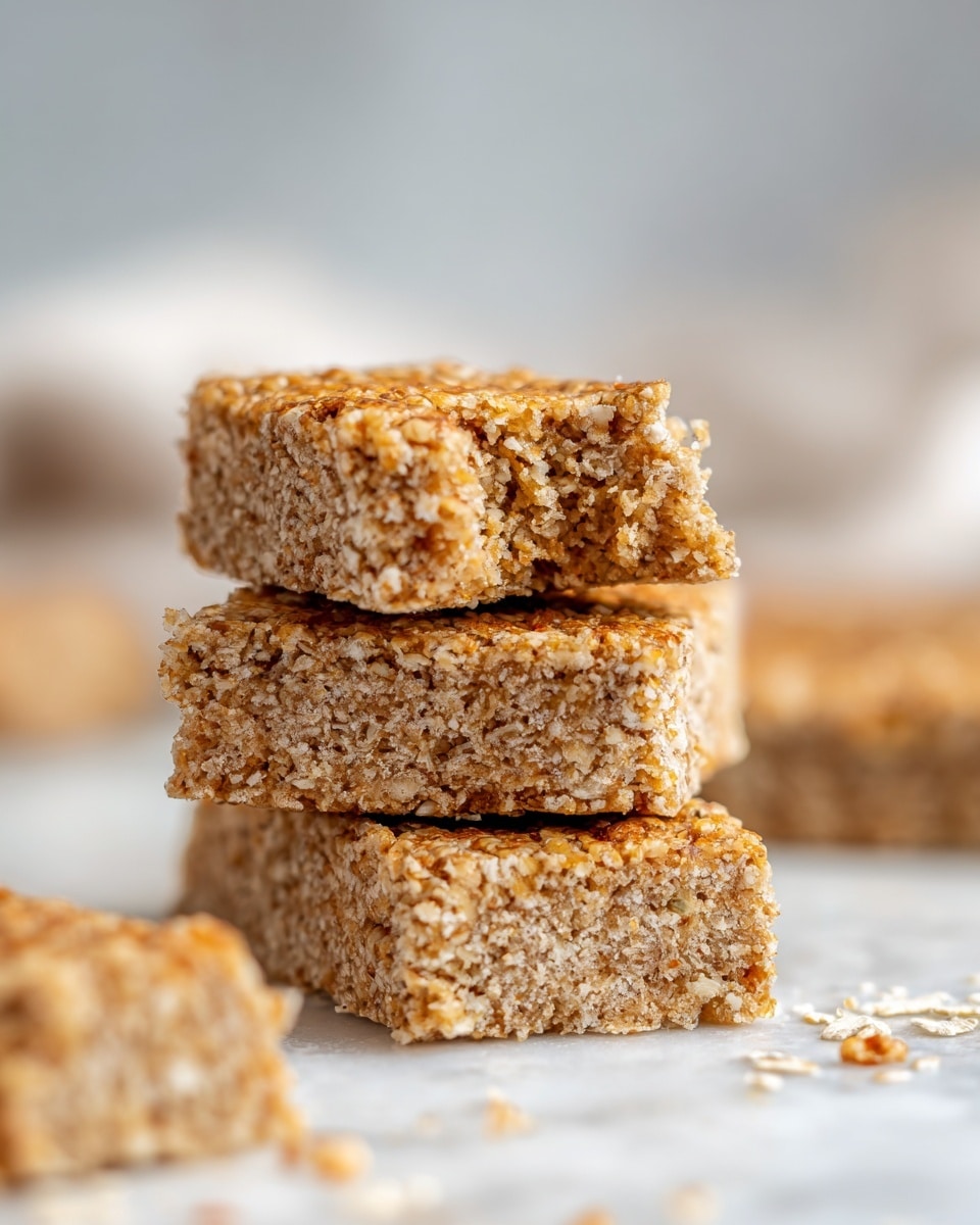 The image shows a stack of three light brown, thick oat bars with a rough, crumbly texture. The top bar has a bite taken out of its right side, revealing the dense, grainy inside. The bars are close-up and placed on a white marbled surface, with some crumbs scattered around. In the blurred background, there are more oat bars out of focus, adding depth to the image. photo taken with an iphone --ar 4:5 --v 7