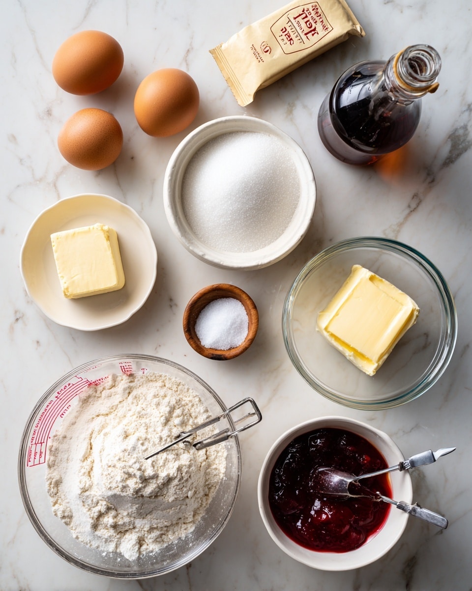 The image shows a collection of baking ingredients laid out on a white marbled surface. There are two brown eggs at the top left, next to a packet of quick rise yeast. Below them is a white bowl filled with granulated sugar. Beside the sugar is a small wooden bowl holding a tiny amount of salt. A clear glass bowl contains a square of butter, placed next to a measuring cup filled with milk with red measurement marks. At the bottom left is a large clear bowl with flour and a metal measuring cup resting on top of it. On the right side, there is a white bowl with red jam and a metal spoon inside. A dark brown bottle of vanilla extract is leaning over the jam bowl. Everything is neatly arranged and clearly visible, photo taken with an iphone --ar 4:5 --v 7
