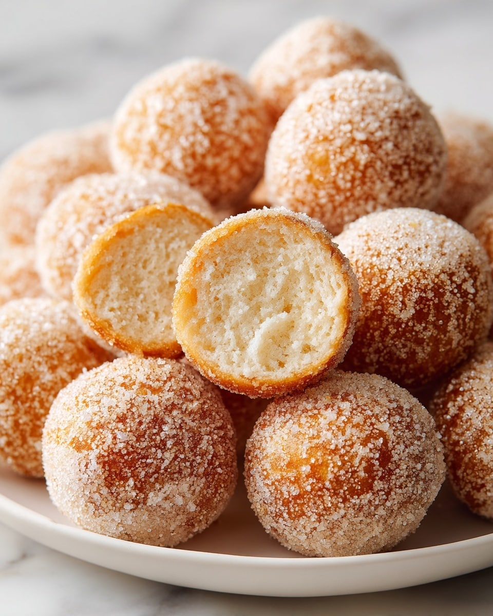 A white plate filled with many small round dough balls covered evenly in fine white sugar, with two dough balls in the center cut in half to show a soft, light, and fluffy inside with a golden brown outer layer coated with sugar crystals; the plate rests on a white marbled surface with a close-up view highlighting the texture of the sugar and the light, airy inside of the dough balls photo taken with an iphone --ar 4:5 --v 7