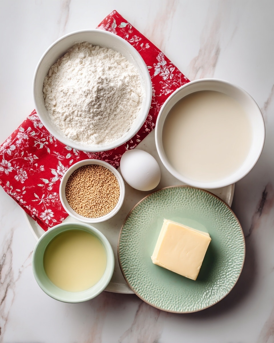 A top view of six baking ingredients arranged on a white plate with a red floral cloth, sitting on a white marbled surface. The top left shows a white bowl full of white flour with a slightly rough texture. To the right, there is a white bowl filled with pale cream-colored milk. At the center, a single white egg is placed alone. Below the egg is a small white bowl holding beige yeast granules. On the lower left, a pale green bowl contains a thick, light yellow liquid, and to the right, a pale green textured plate holds a small square of pale yellow butter. Photo taken with an iphone --ar 4:5 --v 7