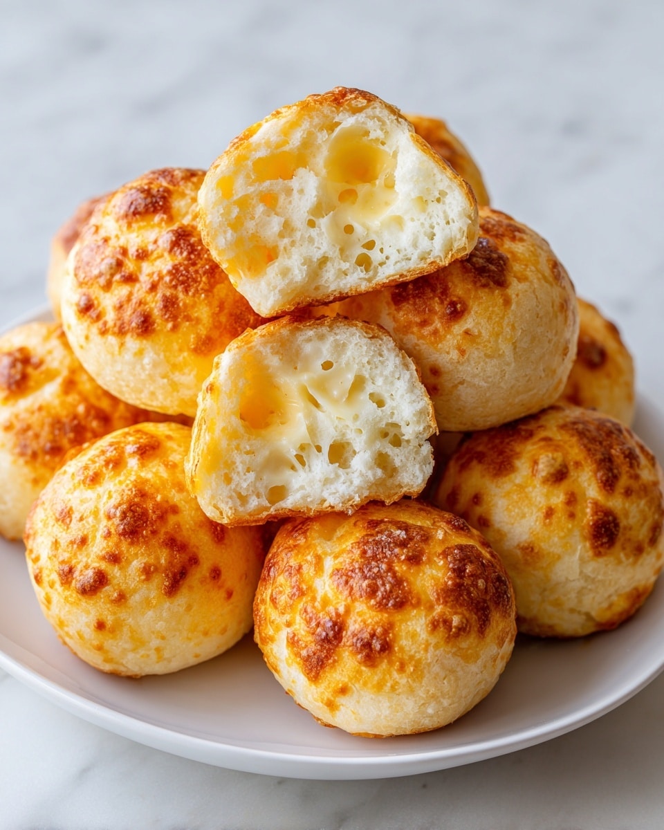 A pile of round, golden-yellow cheese bread balls sits on a white plate, each with a lightly browned and bubbly crust. One cheese bread ball is broken in half in the center of the frame, showing its soft, airy, and white inside with small holes and a slightly creamy texture. The cheese speckles are visible in the crust, with warm golden spots scattered unevenly around. The setting is on a white marbled surface, creating a clean and bright background. photo taken with an iphone --ar 4:5 --v 7