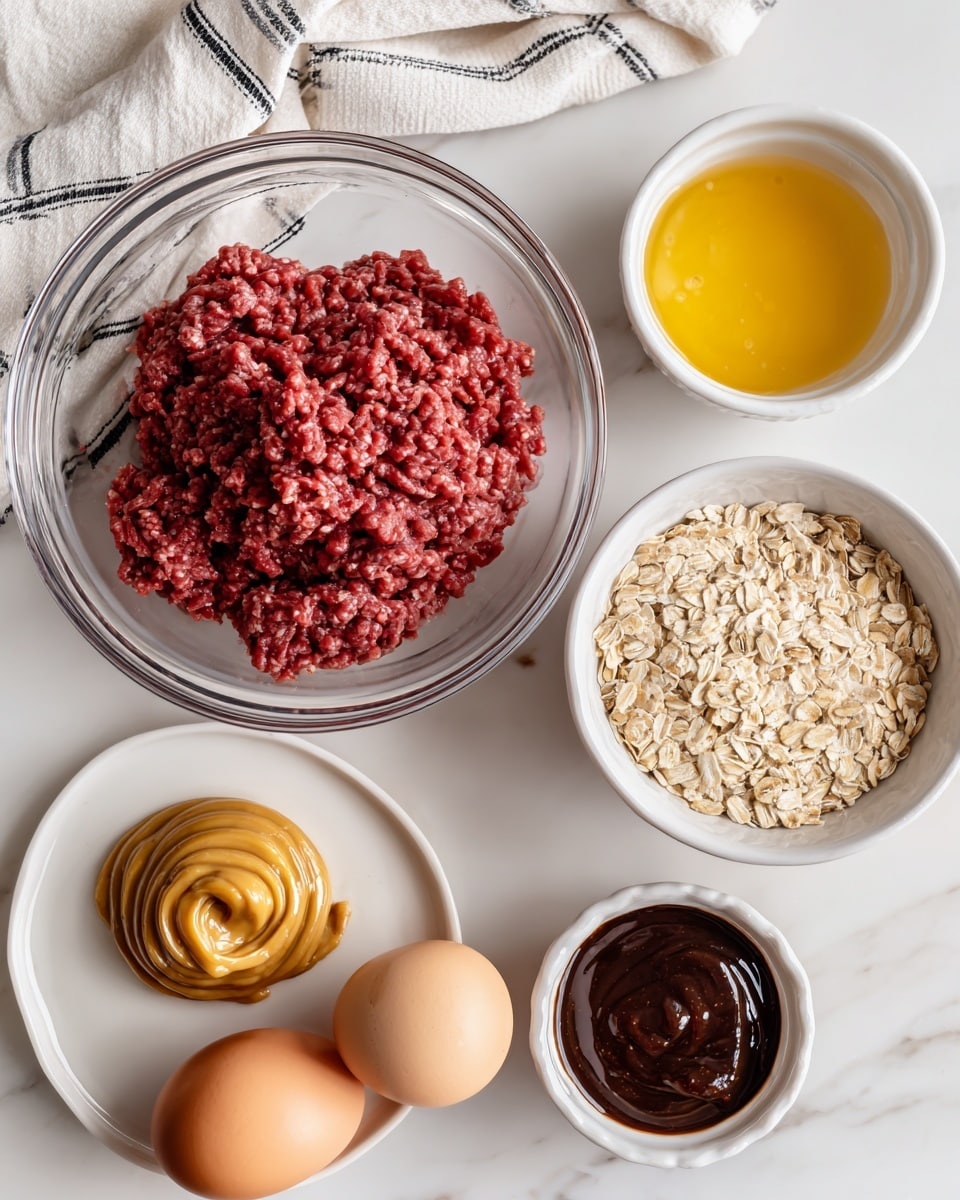 A clear glass bowl filled with raw red ground meat sits to the left on a white marbled surface. To the right, there are two brown eggs, a small white plate with pale yellow honey or syrup, a white bowl filled with light beige oats, a small white bowl with thick dark brown sauce topped with a swirl of light brown mustard, and another small white bowl with a dark glossy sauce. A white cloth with thin black stripes is partially visible at the top. photo taken with an iphone --ar 4:5 --v 7