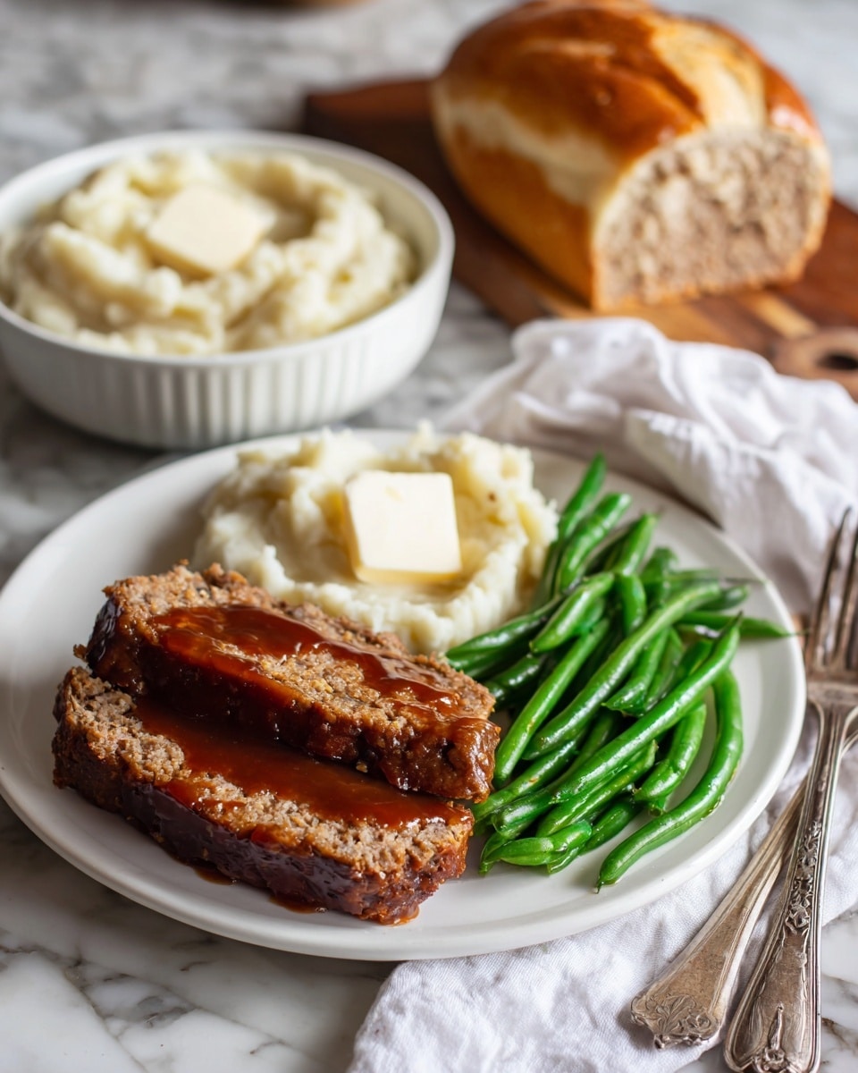 A white plate holds a meal with three main layers: the bottom is smooth, creamy mashed potatoes colored light off-white, topped by two thick slices of brown meatloaf with a slightly crumbly texture, each slice covered with a shiny, dark brown sauce. On the right side of the meatloaf, a pile of bright green cooked green beans with a slight shine from oil or butter is placed. Behind this plate, there is a white bowl filled with more mashed potatoes and a rustic round brown crusty bread roll wrapped in a white cloth to the right. The setting is on a white marbled surface with vintage silver fork and spoon placed at the bottom right corner. Photo taken with an iphone --ar 4:5 --v 7