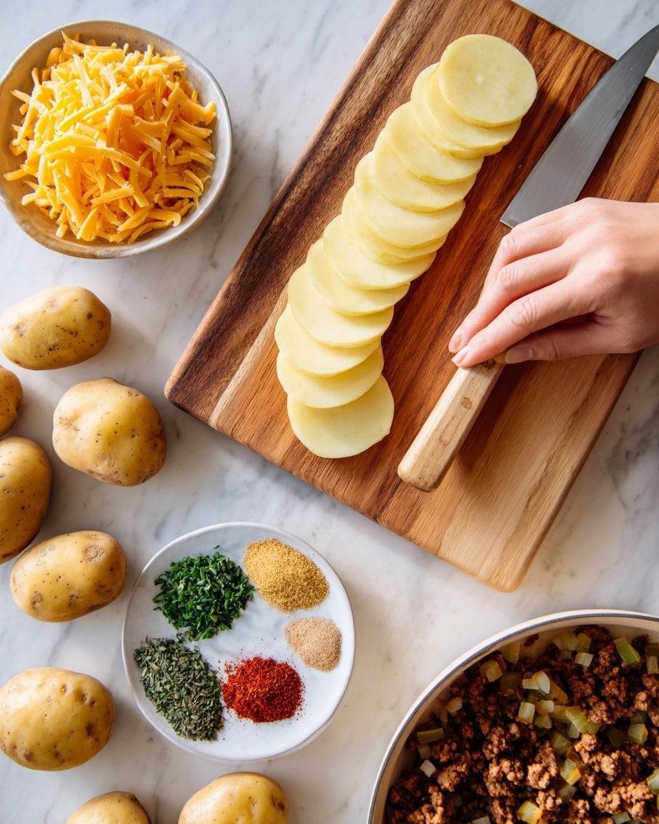 The image shows a wooden cutting board with several thin, round slices of pale yellow potato layered at the bottom left. Whole small yellow potatoes are scattered around the board. A large knife with a light wooden handle rests diagonally on the cutting board. To the left, there is a white bowl filled with shredded orange cheese. In the bottom right corner, part of a white pan with cooked ground meat mixed with diced onions is visible. Near the bottom center, a small white plate holds four piles of different powders and herbs: a light tan powder, finely chopped green herbs, bright red powder, and small grains. The whole scene is set on a white marbled surface. Photo taken with an iphone --ar 4:5 --v 7
