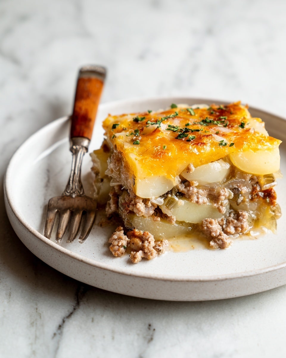 A close-up view of a dish on a white plate showing about three layers: the base layer is pale yellow round sliced potatoes, some whole and overlapping, with a smooth soft texture; the top layer has browned minced meat mixed with small pieces of translucent cooked onions; melted orange-yellow cheese is layered unevenly over the meat and potatoes, with a slightly shiny appearance, all sprinkled with small green herbs; a wooden-handled fork and spoon rest at the top left of the plate, and the whole scene is set on a white marbled surface. photo taken with an iphone --ar 4:5 --v 7