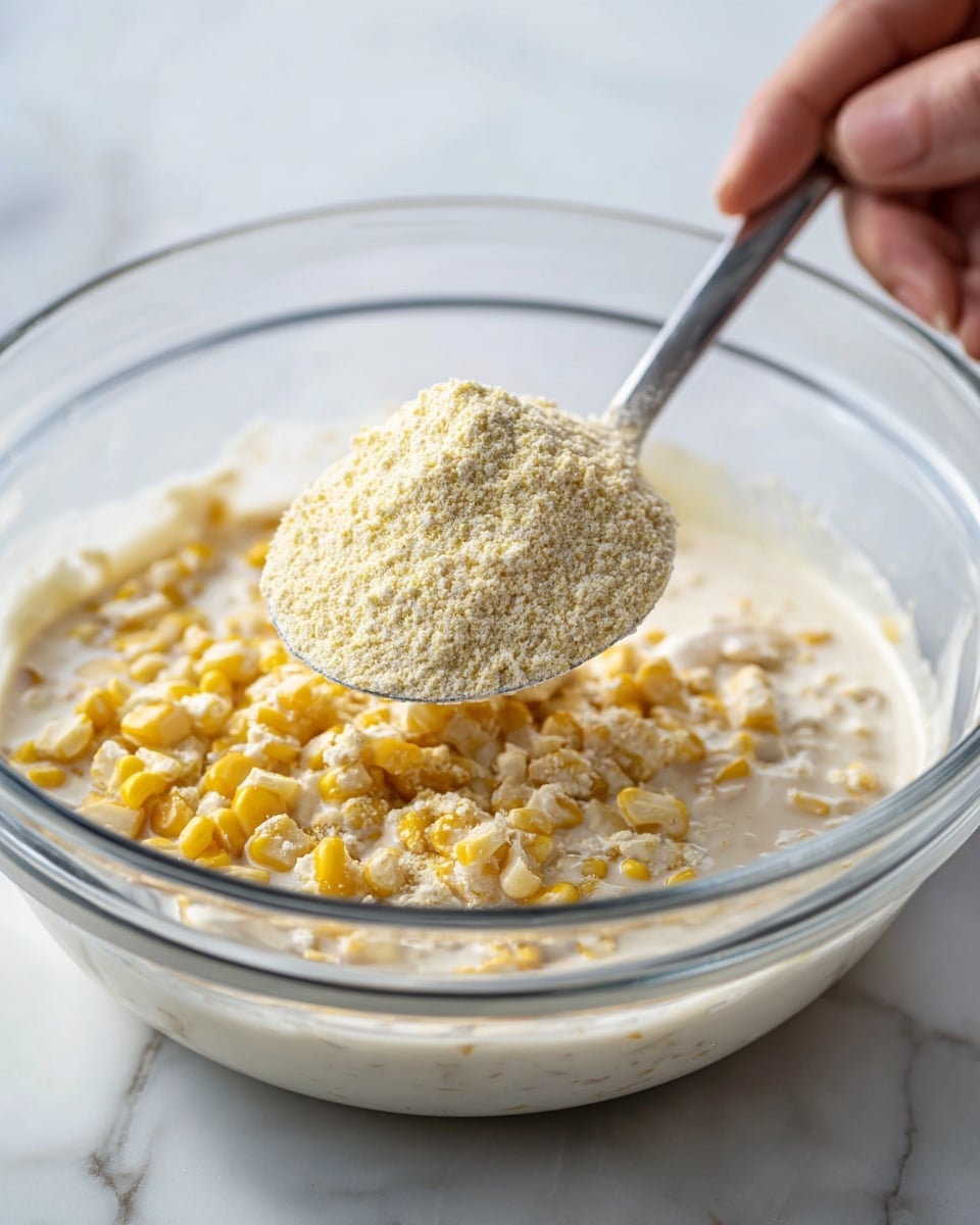 A clear glass bowl sits on a white marbled surface, filled with three visible layers of ingredients. The bottom layer is creamy with visible corn kernels scattered throughout, showing a mix of smooth and slightly chunky white texture combined with yellow corn. On top of this base sits a mound of finely ground, pale yellow cornmeal powder that covers about half the surface inside the bowl. The bowl is transparent, allowing a view of the thick, creamy mixture beneath the powder. In the background, a woman's hand holding a metal mixing spoon is starting to stir the contents. Photo taken with an iphone --ar 4:5 --v 7