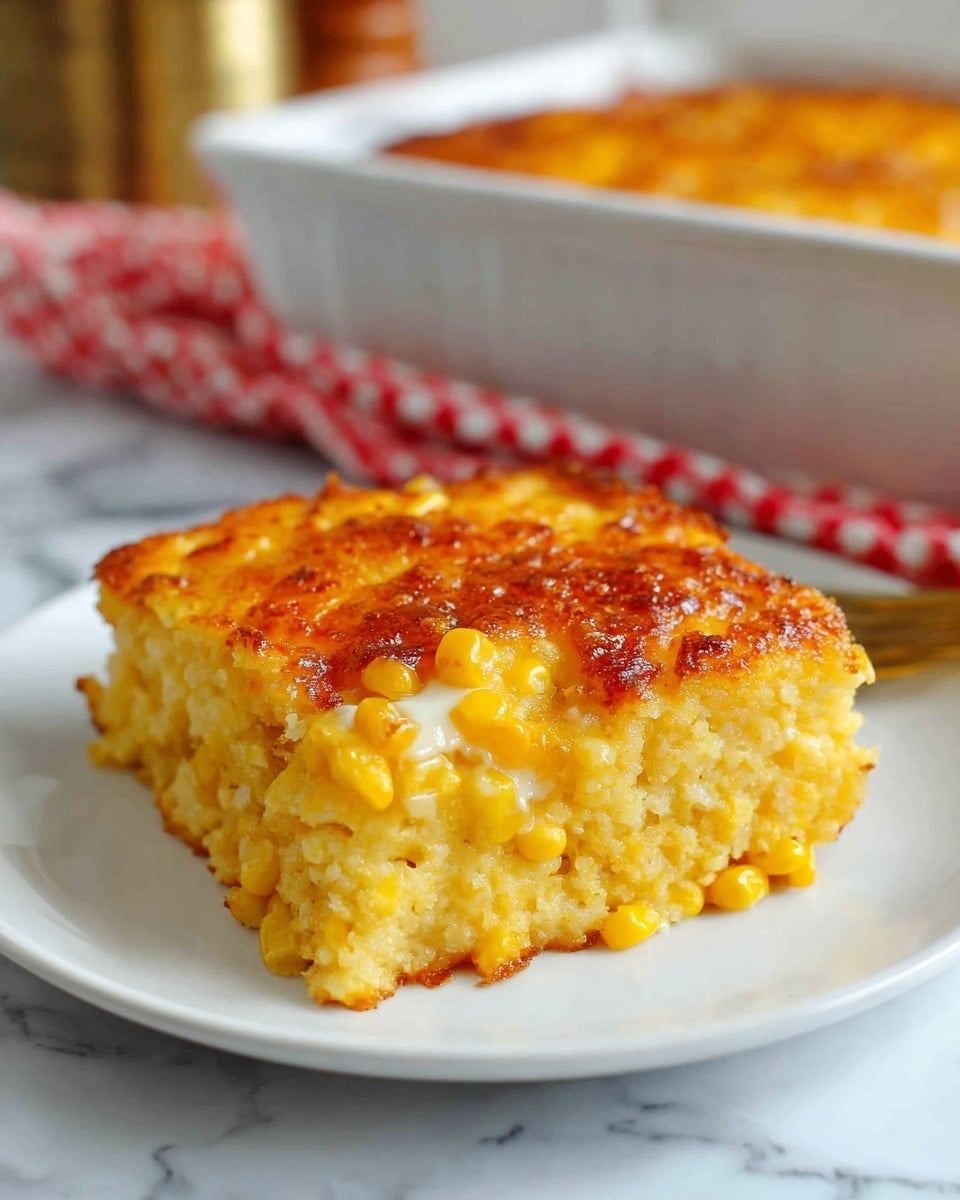 A serving of corn casserole on a round white plate, showing one thick layer made of bright yellow corn kernels mixed in a golden brown baked batter with a slightly crispy top and soft inside, some melted white cheese is visible in the middle. The plate sits on a white marbled surface next to a red and white checkered cloth, with a large baking dish of the same casserole in the background and some kitchen items blurred behind. Photo taken with an iphone --ar 4:5 --v 7