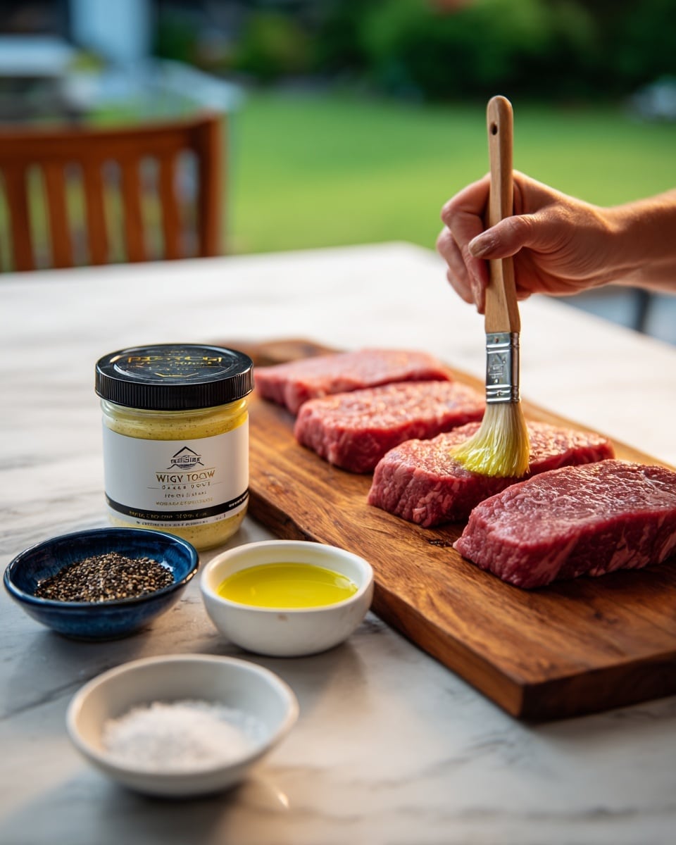 The image shows a wooden board with three raw beef steaks placed in a row, the middle steak is being brushed with a clear yellowish oil using a brush held by a woman's hand. To the left of the steaks, there is a white jar labeled